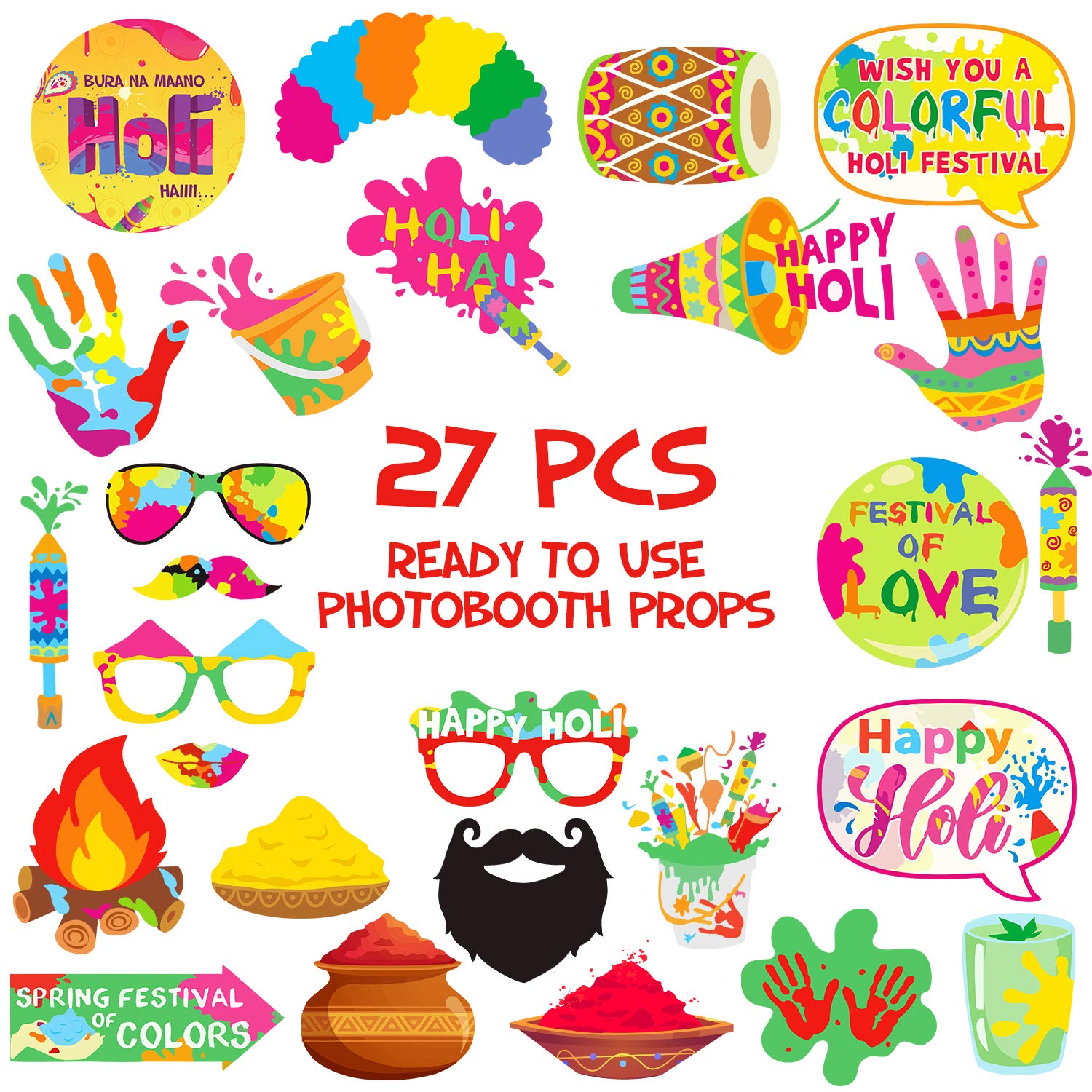 Zyozique Holi Festival Photo Props Happy Spring Indian Color Festival Photo Booths, Holi Bollywood Party Supplies, 27 PCS