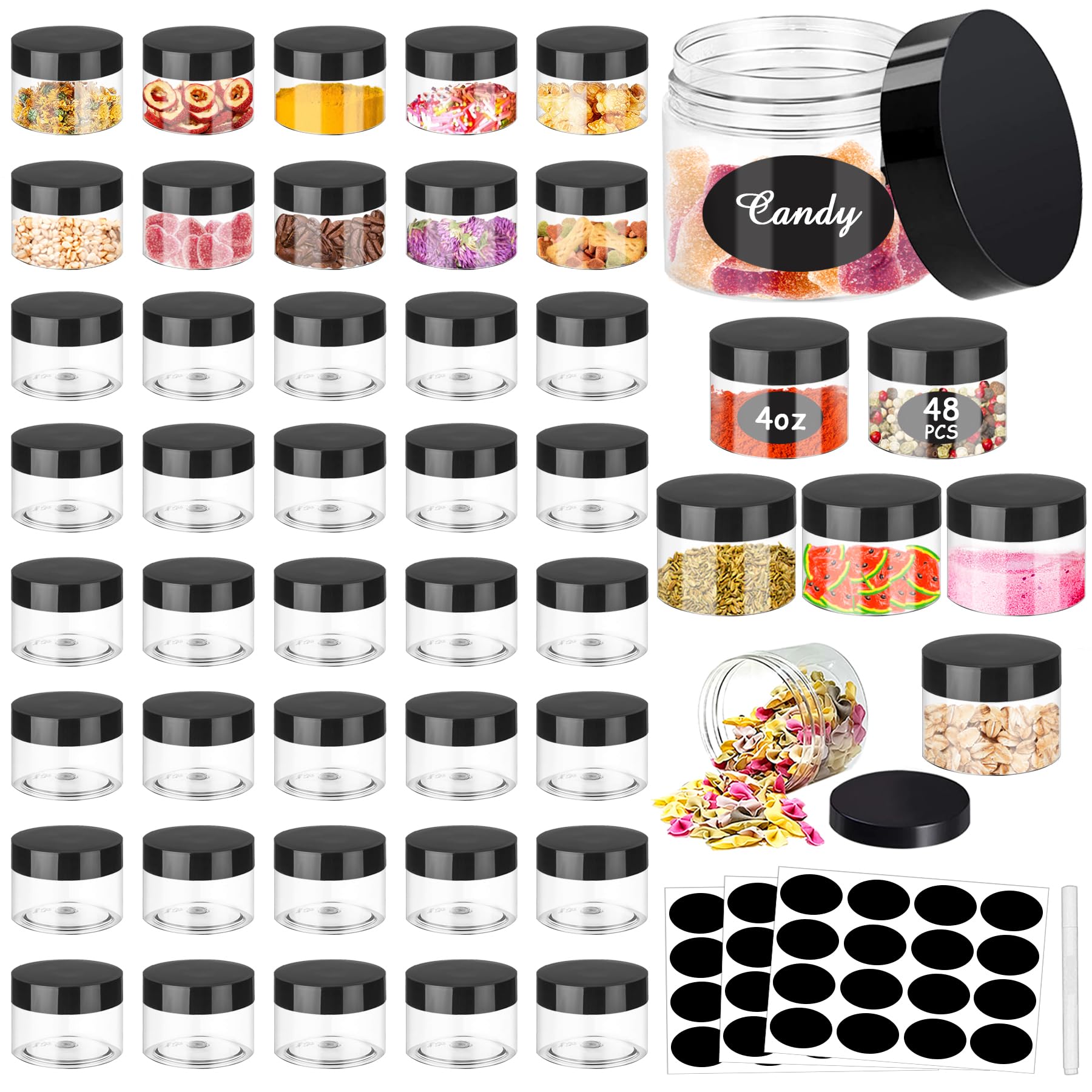 SLifeJars 4OZ Plastic Jars 48Pcs Wide Mouth Round Clear Container Jars with Black Lids Stackable Empty Slime Jar Refillable Clea