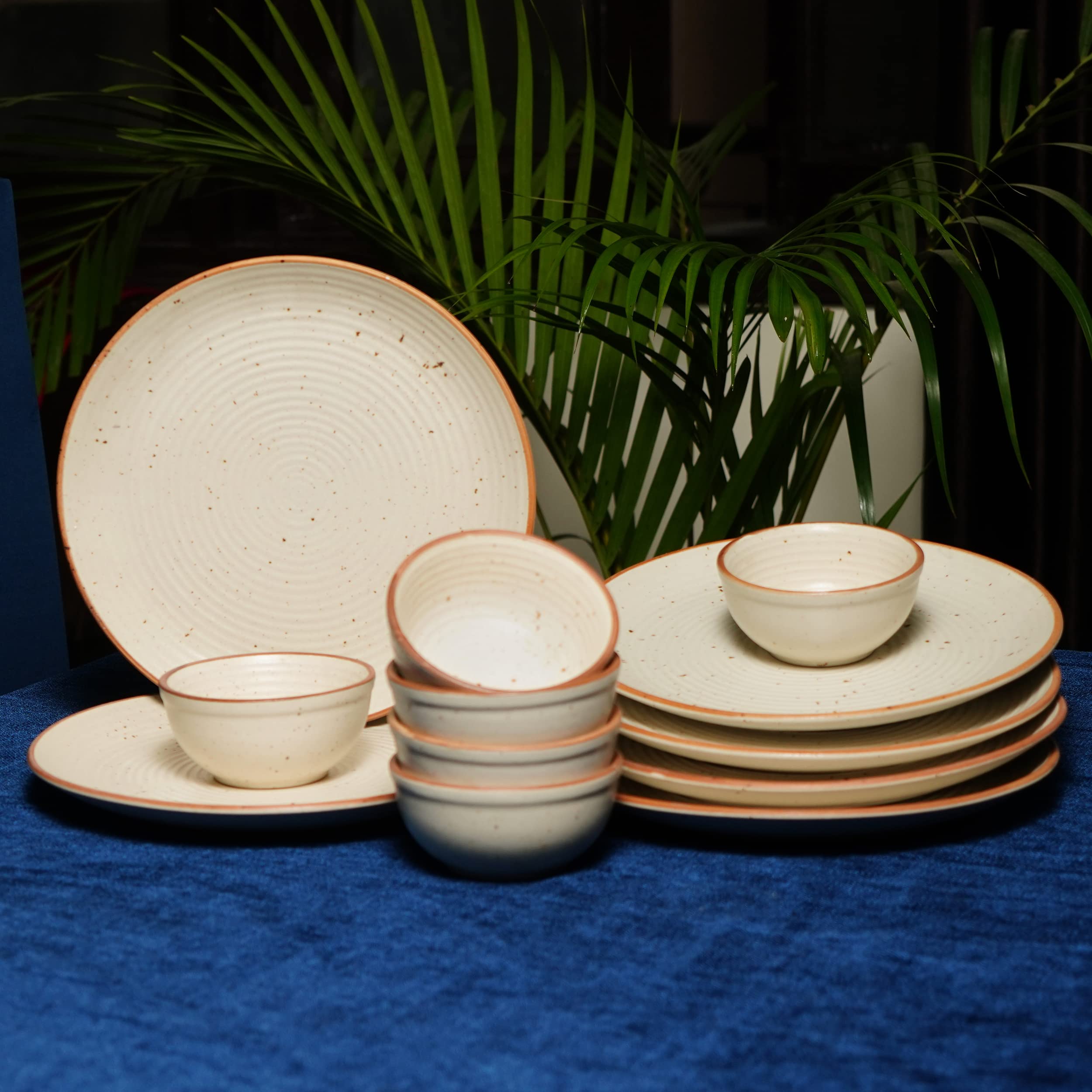 Freakway Ribbed Ceramic Dinner Plates 10 Inch With Bowls Set Of 12 Pieces | 6 Dinner Plates & 6 Bowl/Katori | Dishwasher & Micro