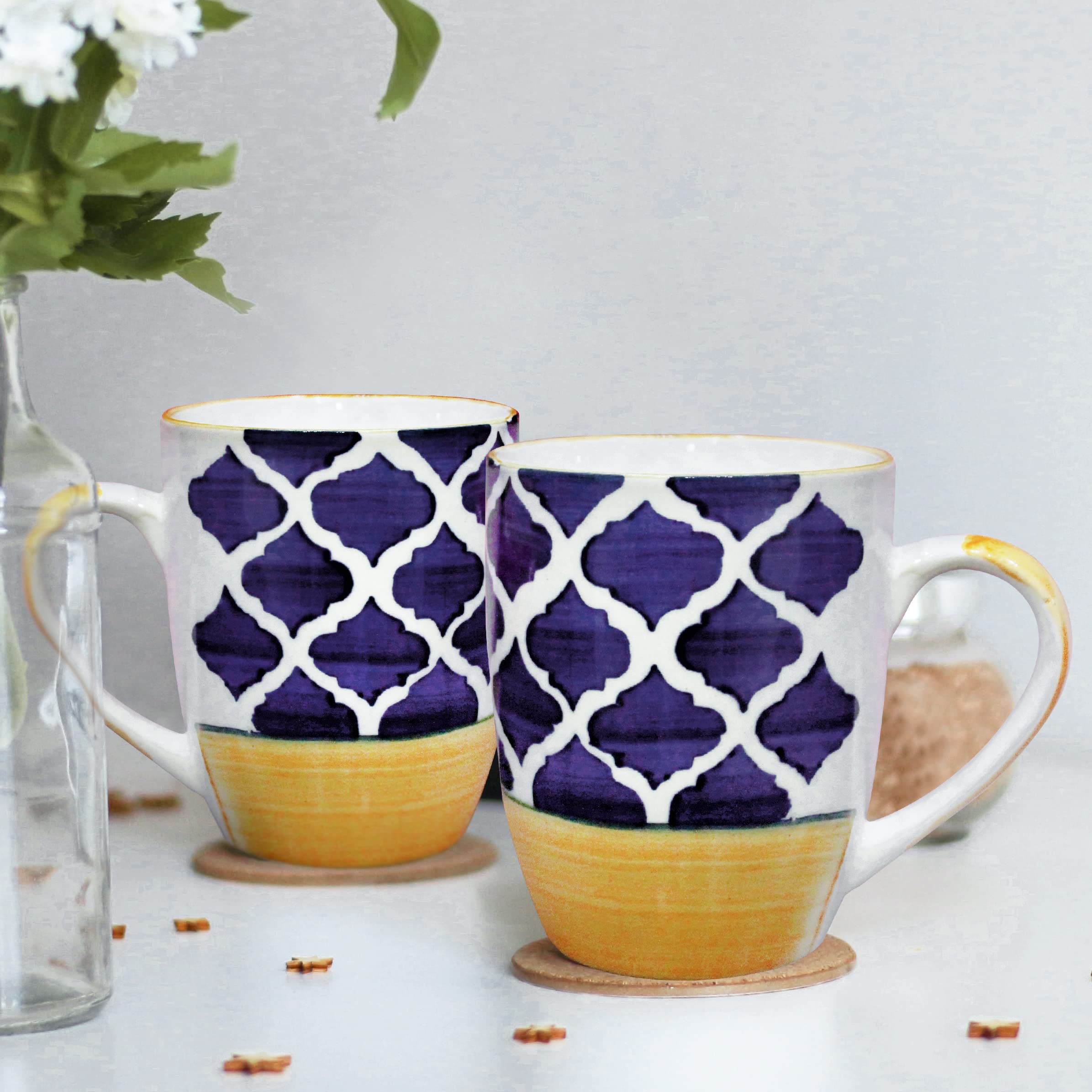 The Earth Store Moroccan Yellow Blue Coffee Mug Set of 2 Ceramic Tea Mugs, Milk Mugs,Microwave Safe Coffee Mugs,Ceramic Tea Cups