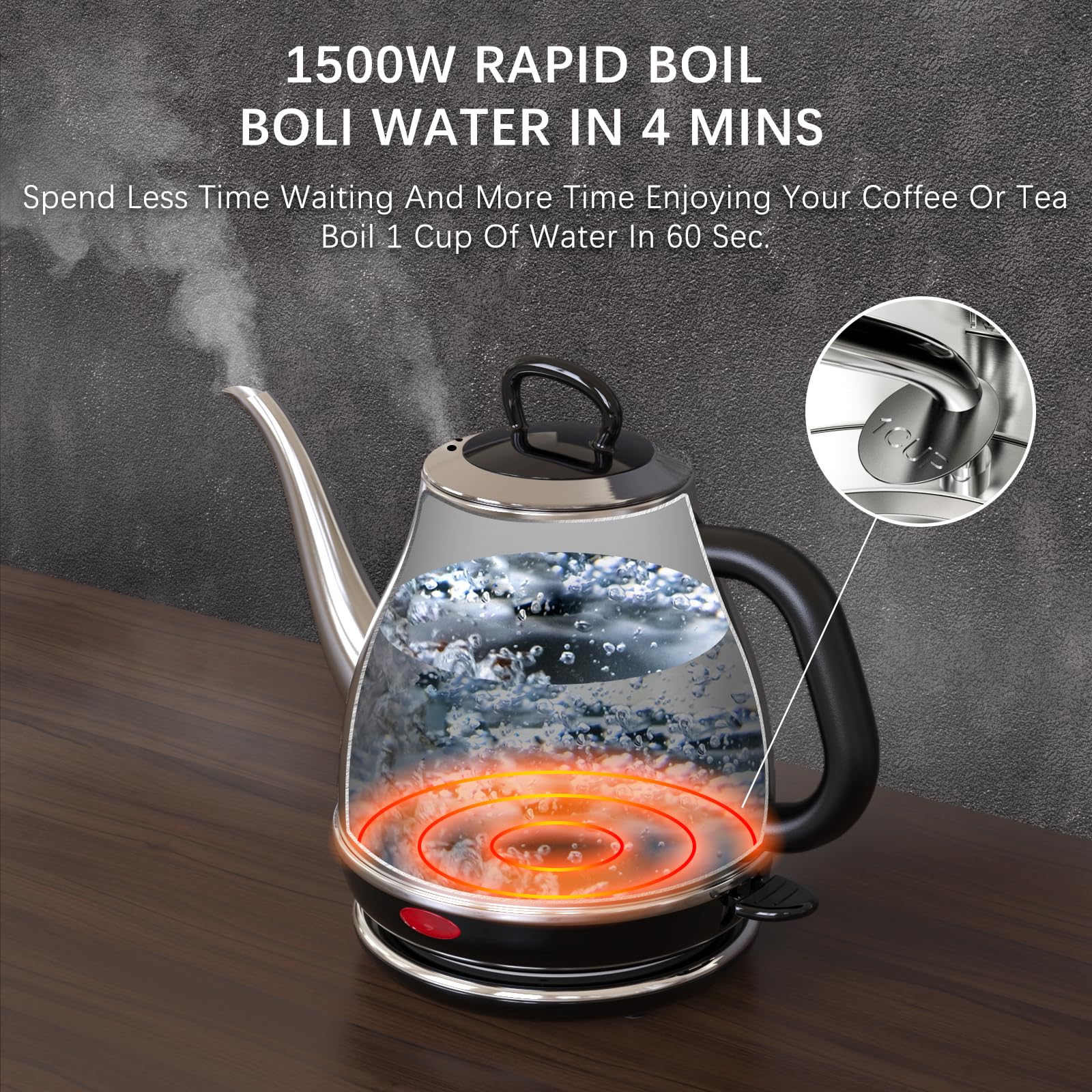 Anfilank Electric Gooseneck Kettle, 1L 1500W Fast Boil, 100% Stainless Steel Bpa Free Pour-Over Coffee & Tea Kettle, Water Boile