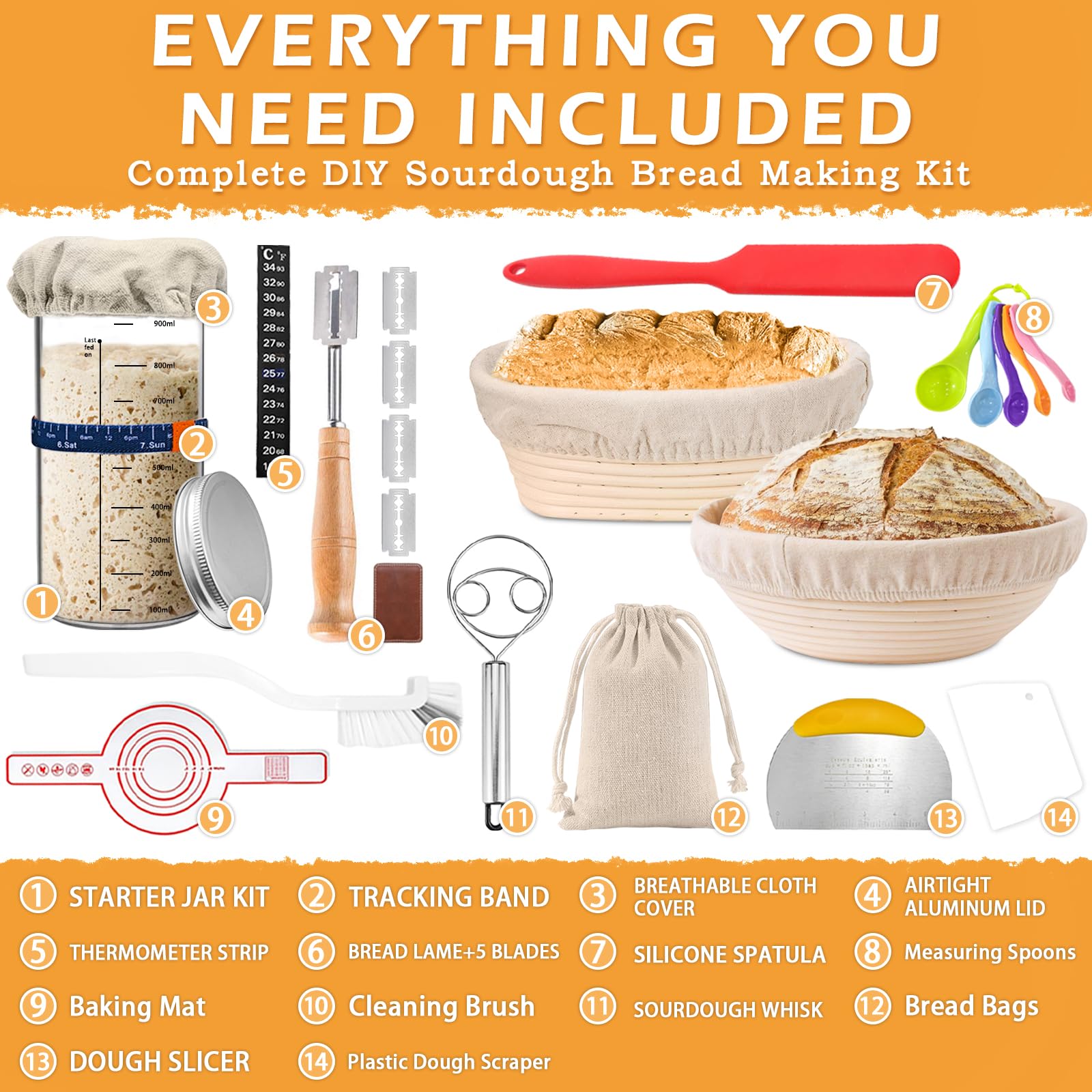 Amgkonp 22Pack 35Oz Sourdough Starter Jar Kit With 9 Inch Round & 10 Inch Oval Banneton Bread Proofing Basket Set,Scraper,Sourdo