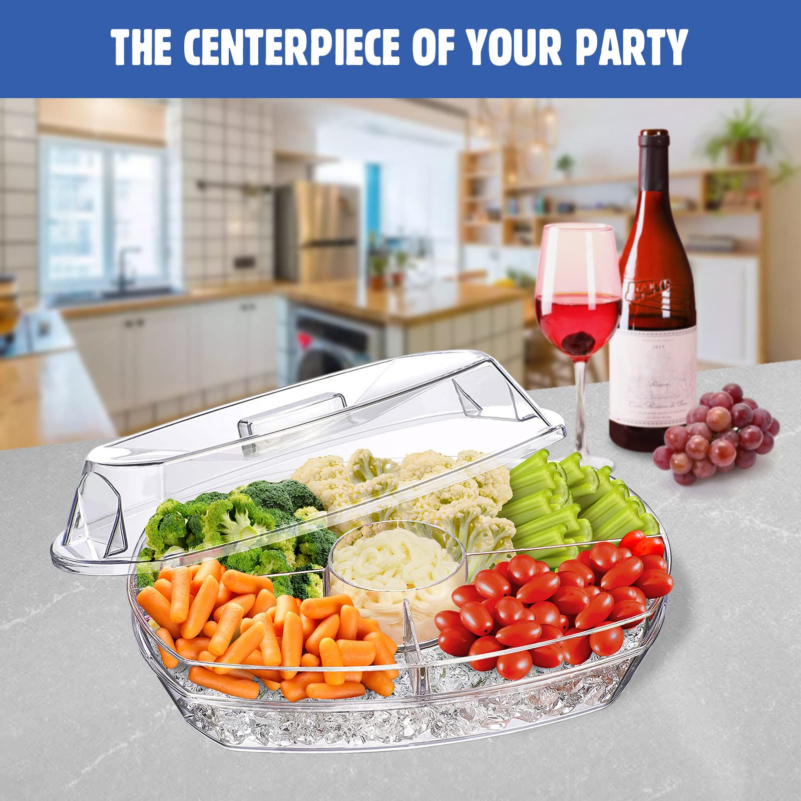 Limoeasy Chilled Veggie Tray, 15 Inch Clear Party Platter With 4 Compartments, Ice Serving Bowl With Lid, Cold Food Buffet Serve