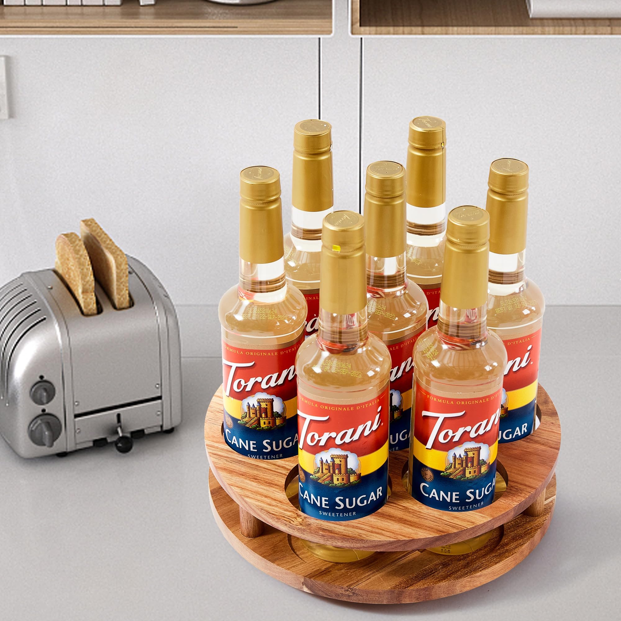 Govokoi Acacia Wood Rotating Coffee Syrup Organizer, 7 Bottles Coffee Syrup Rack, Coffee Station Organizer With Large Base And A