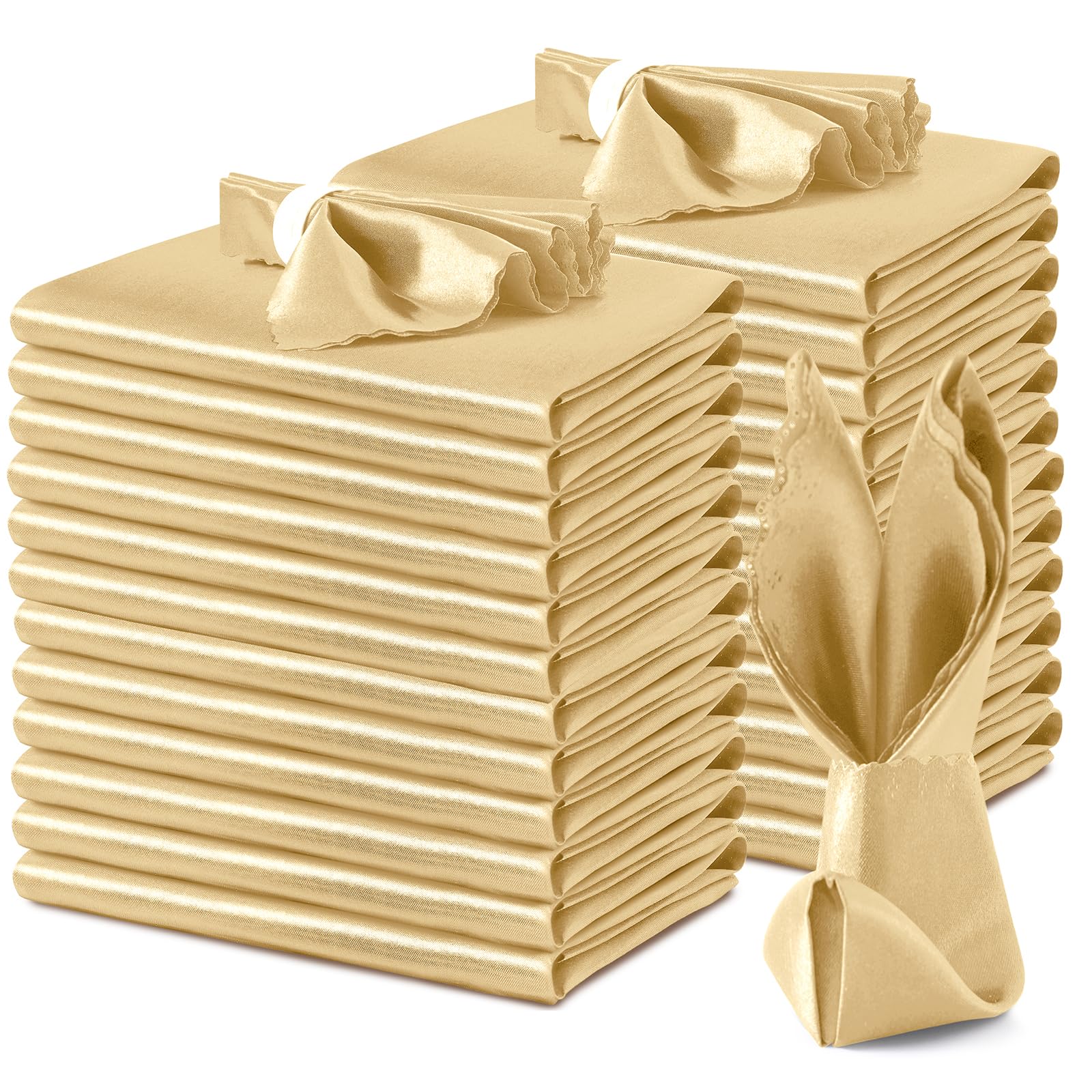Vacvelt 24 Pack Gold Satin Napkins 17X17 Inch Wedding Napkins, Scalloped Elegant Dinner Napkins Square Table Napkins Decor, Silk