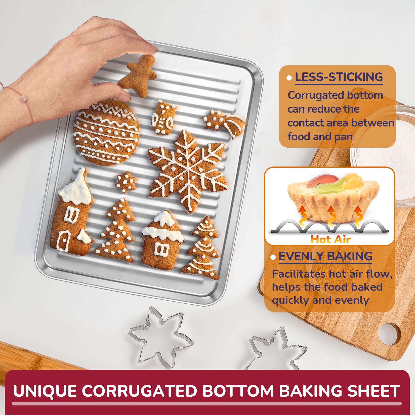 P&P Chef Mini Toaster Oven Pan Set Of 2, 9 X 7 X 1 Inch Stainless Steel Small Baking Cookie Pan For Cooking & Roasting, Corrugat