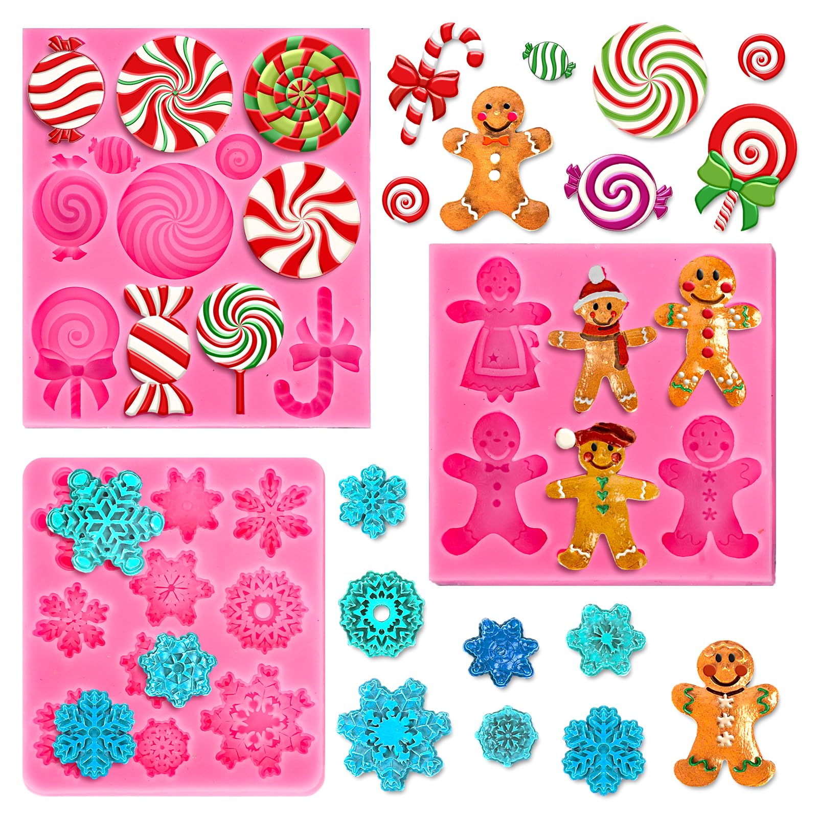 Whaline 3Pcs Christmas Candy Fondant Mold Pink Gingerbread Man Snowflake Silicone Mold Assorted Chocolate Candy Mould For Xmas W