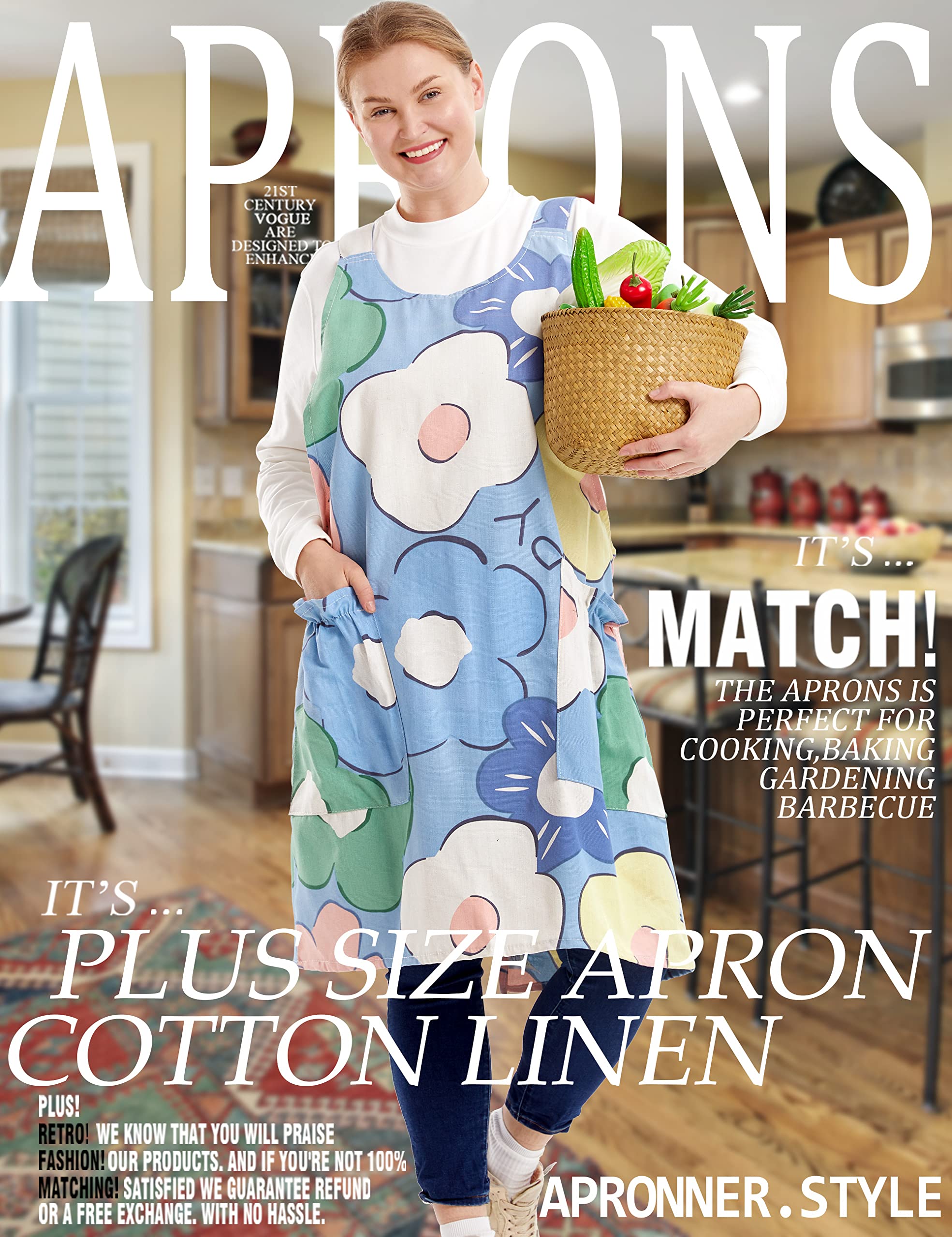 Apronner Big Plus Size Aprons For Women With Pockets Cotton Linen Baking Kitchen Cooking Poached Egg Flowers
