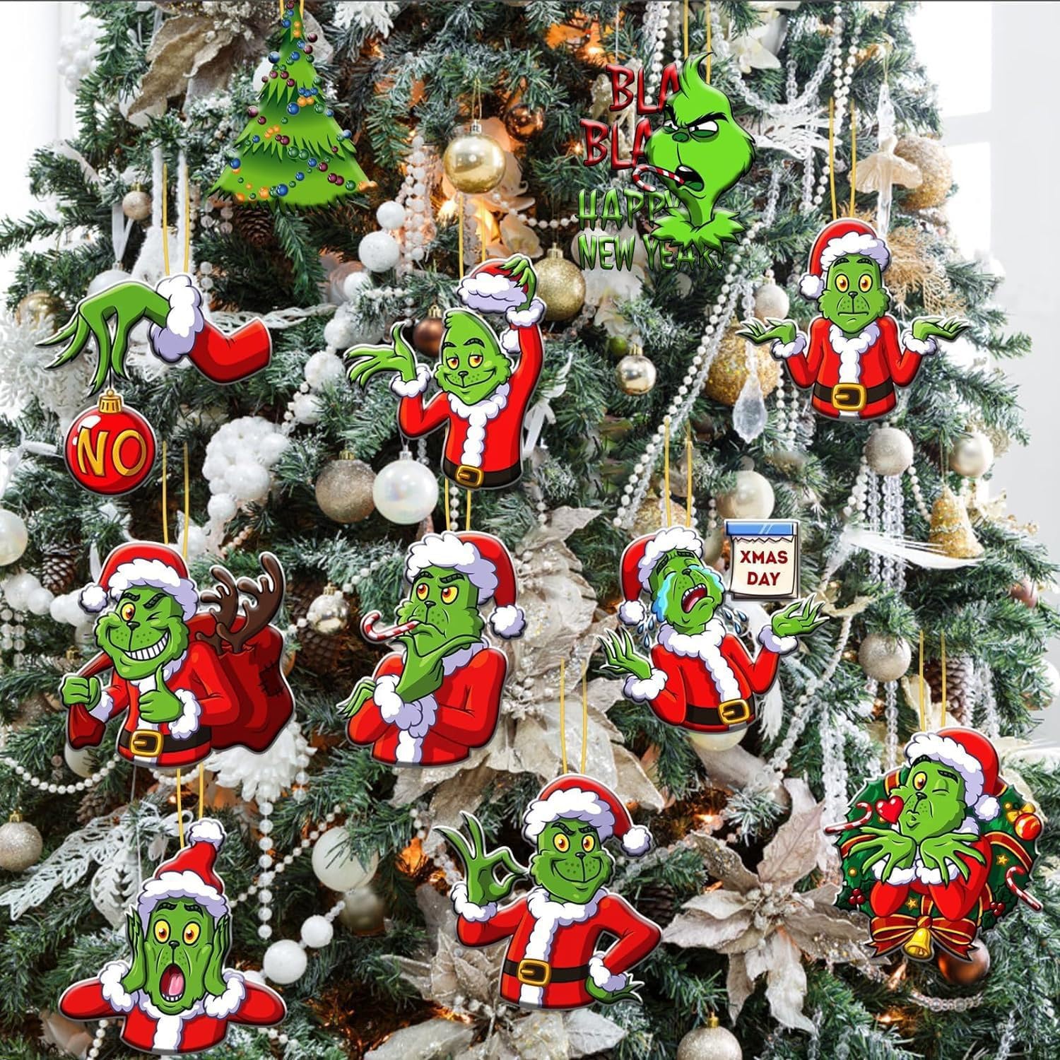 Grinch Christmas Ornaments for Christmas Tree Decorations 24 pcs Green Monster Wooden Hanging Ornament for Home Xmas Holiday Par