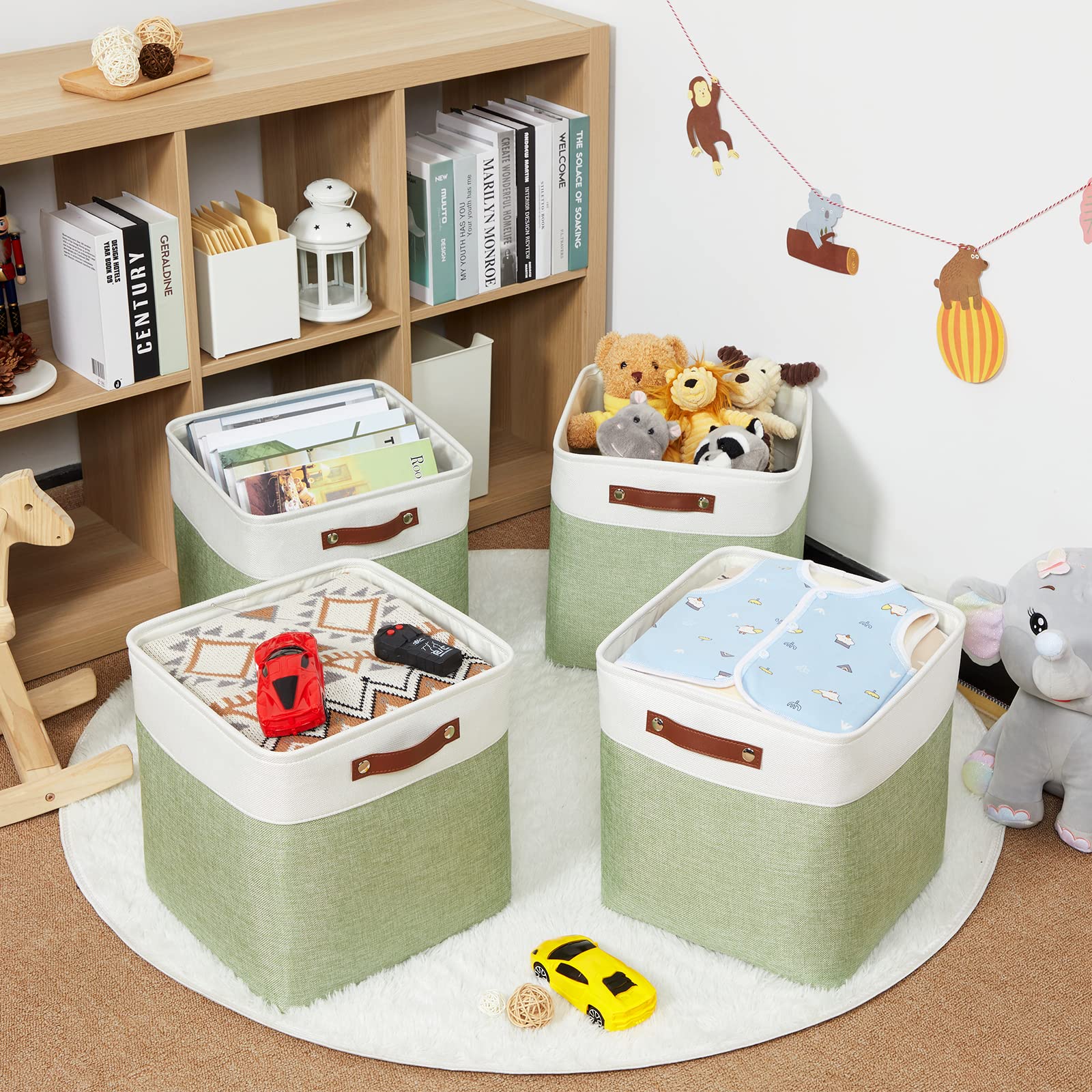 HNZIGE Collapsible Fabric Storage Cubes 13x13x13 Set of 4 Decorative Storage Basket Bin with Handles Storage Cube Basket for Organizing Clothes  Toys  Closet  Nursery(Green White)