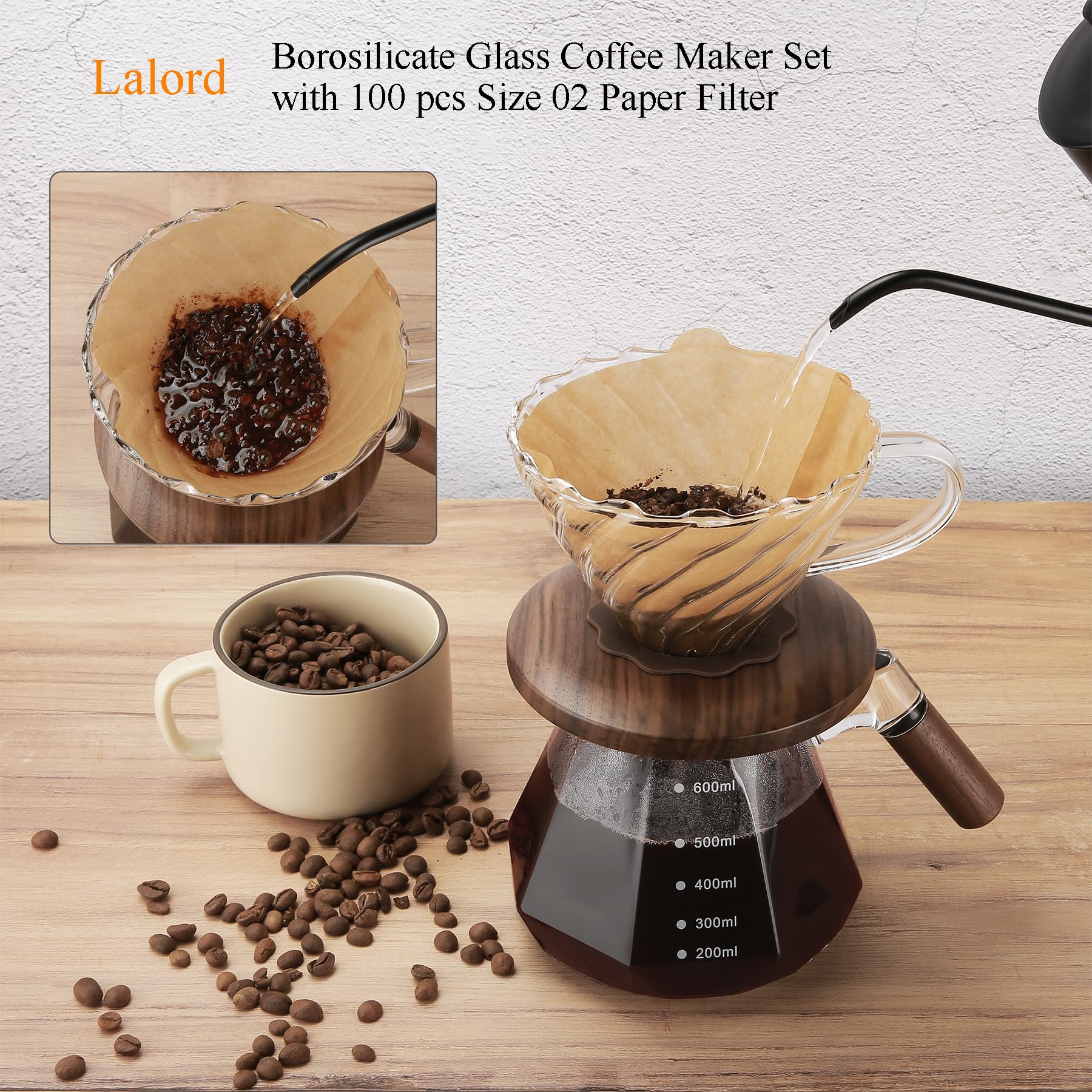 Lalord Pour Over Coffee Maker, 20 Oz Borosilicate Glass Set With 100 Pcs V60 Paper Filter, Coffee Dripper With Walnut Collar, Co