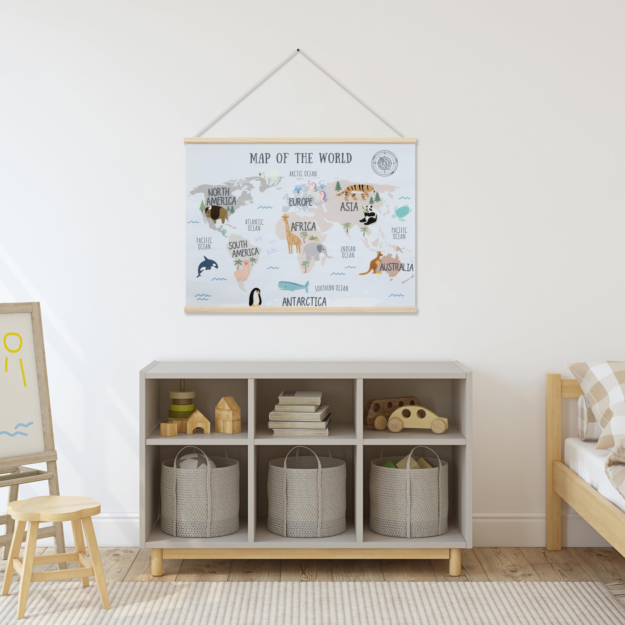 Bon Et Beau 32 X 24 Inch Embroidered World Map Poster For Kids With Wood Hanger - Neutral Wall D  Cor For Boys And Girls Nursery