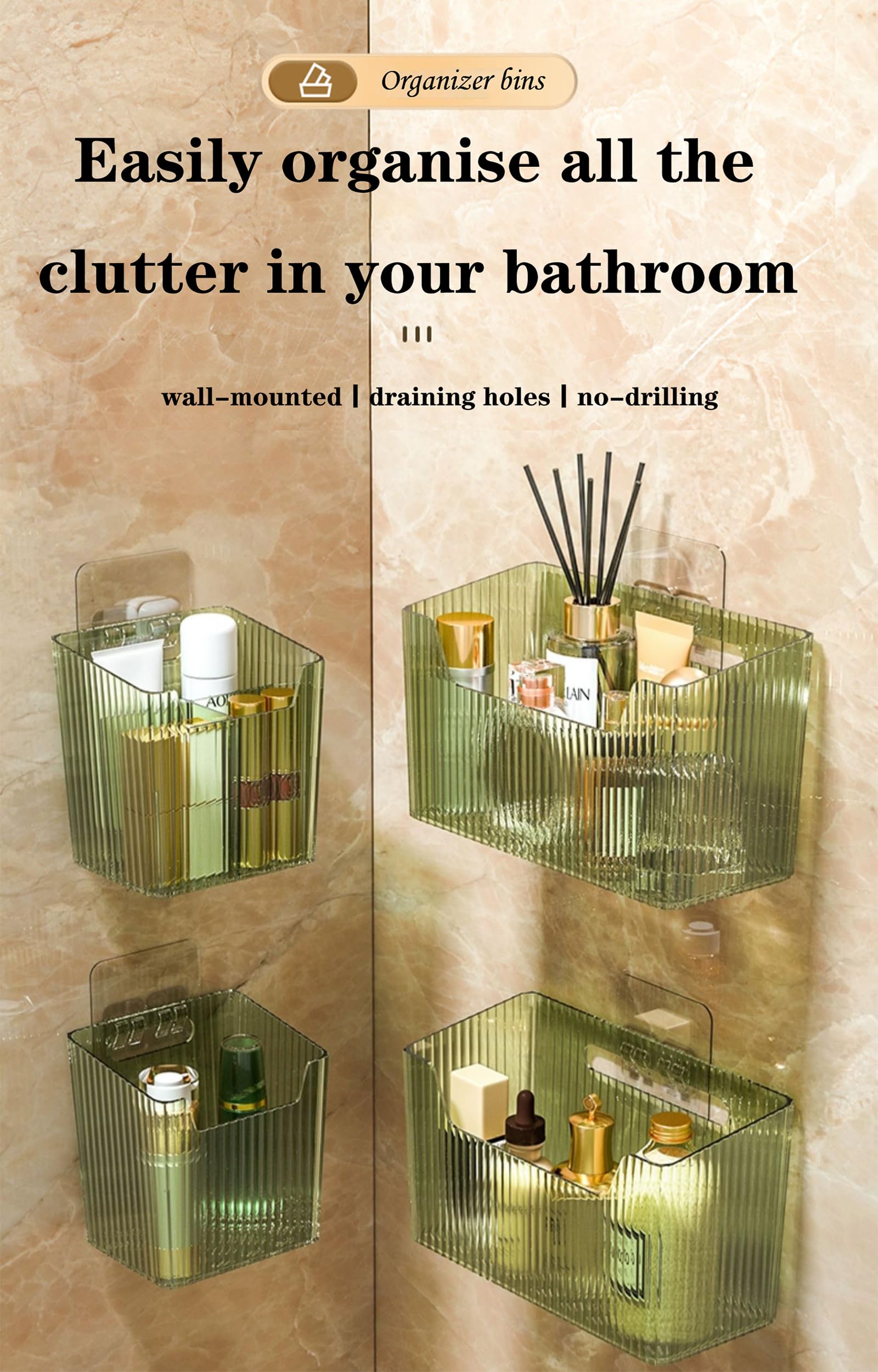 Set Of 2 Storage Organizer Bins Wall Mounted Organizer Basket, Shower Caddy Stackable Clear Plastic Makeup Organizer Adhesive Ha
