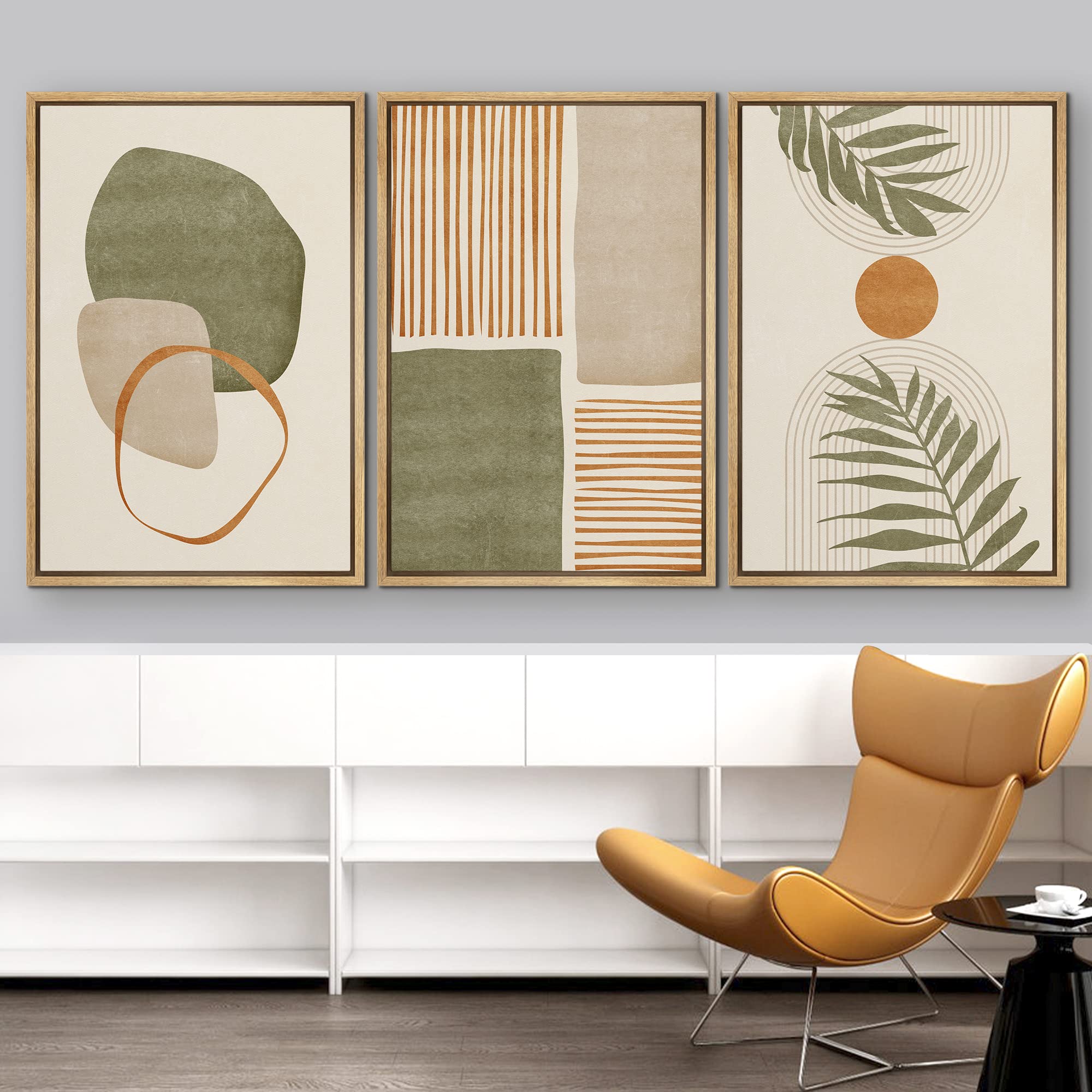 Idea4Wall Framed Canvas Print Wall Art Set Geometric Mid-Century Green Polygon Tropical Leaves Abstract Shapes Illustrations Mod