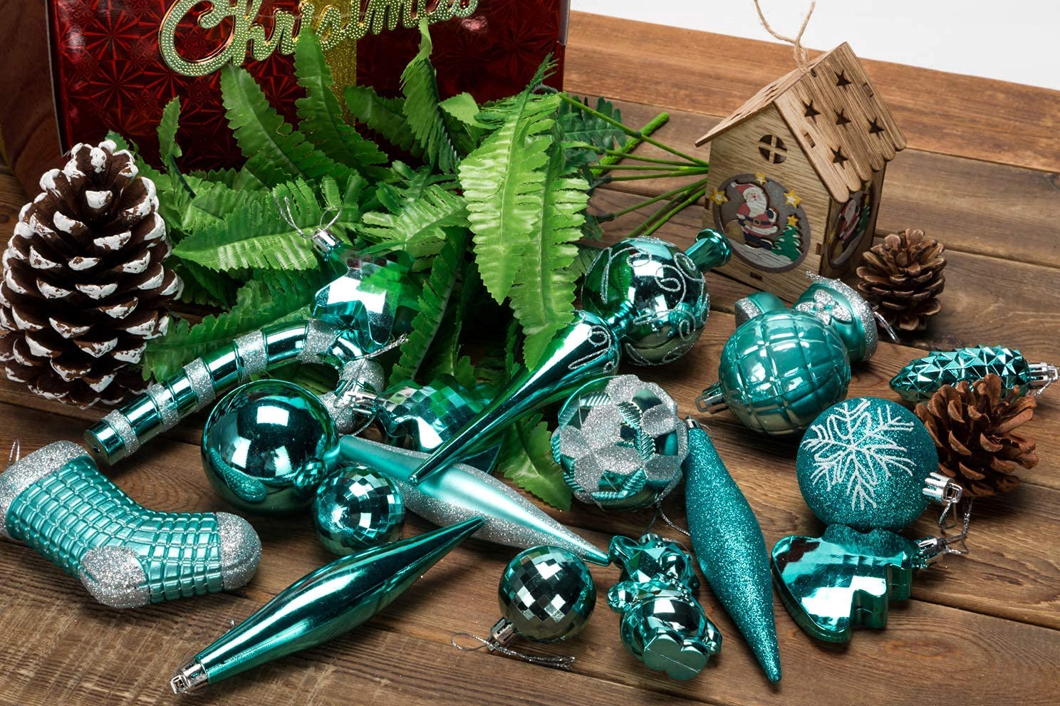 AUXO-FUN 54 Pieces Assorted Christmas Ornaments Tree Decoration Baubles in Gift Box (Turquoise Blue, Gift Box)