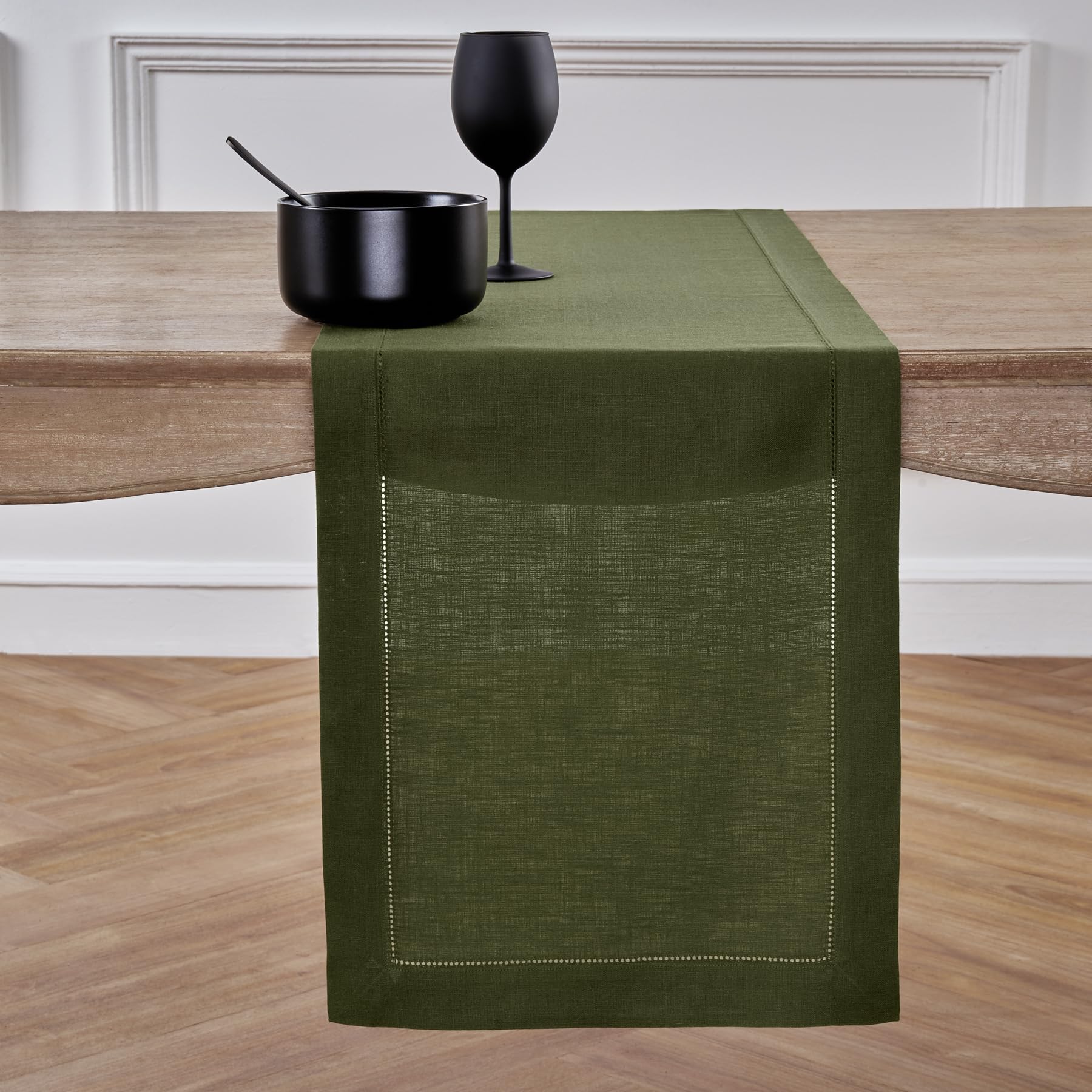 Solino Home Linen Olive Table Runner 36 Inch - 100% Pure Linen Classic Hemstitch Short Table Runner 14 X 36 Inch Ideal For Dress