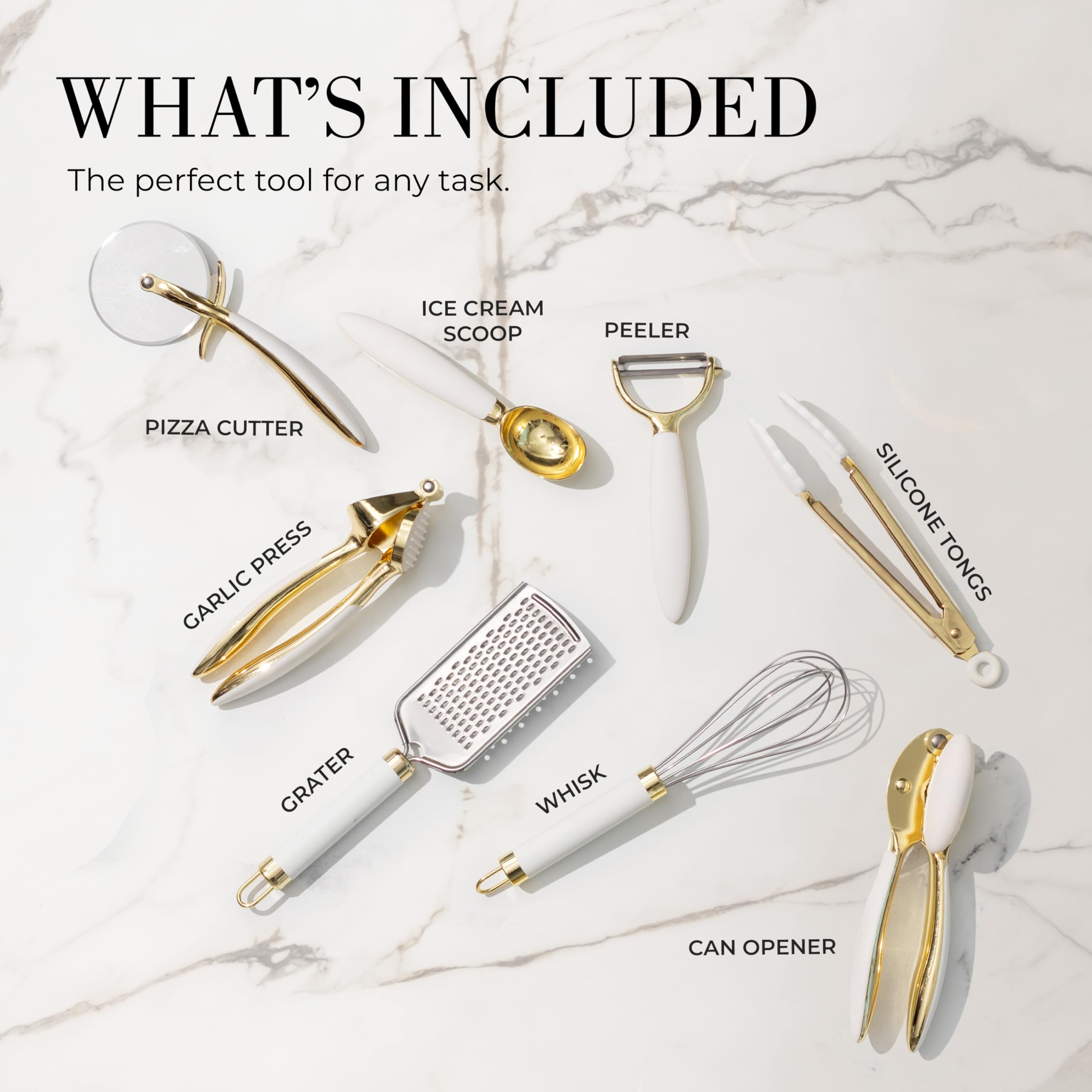 White & Gold Kitchen Tools And Gadgets - Luxe 8Pc Cooking Tools And Gadgets With Anti-Slip Handles, Gold Utensils Set, Gold Kitc