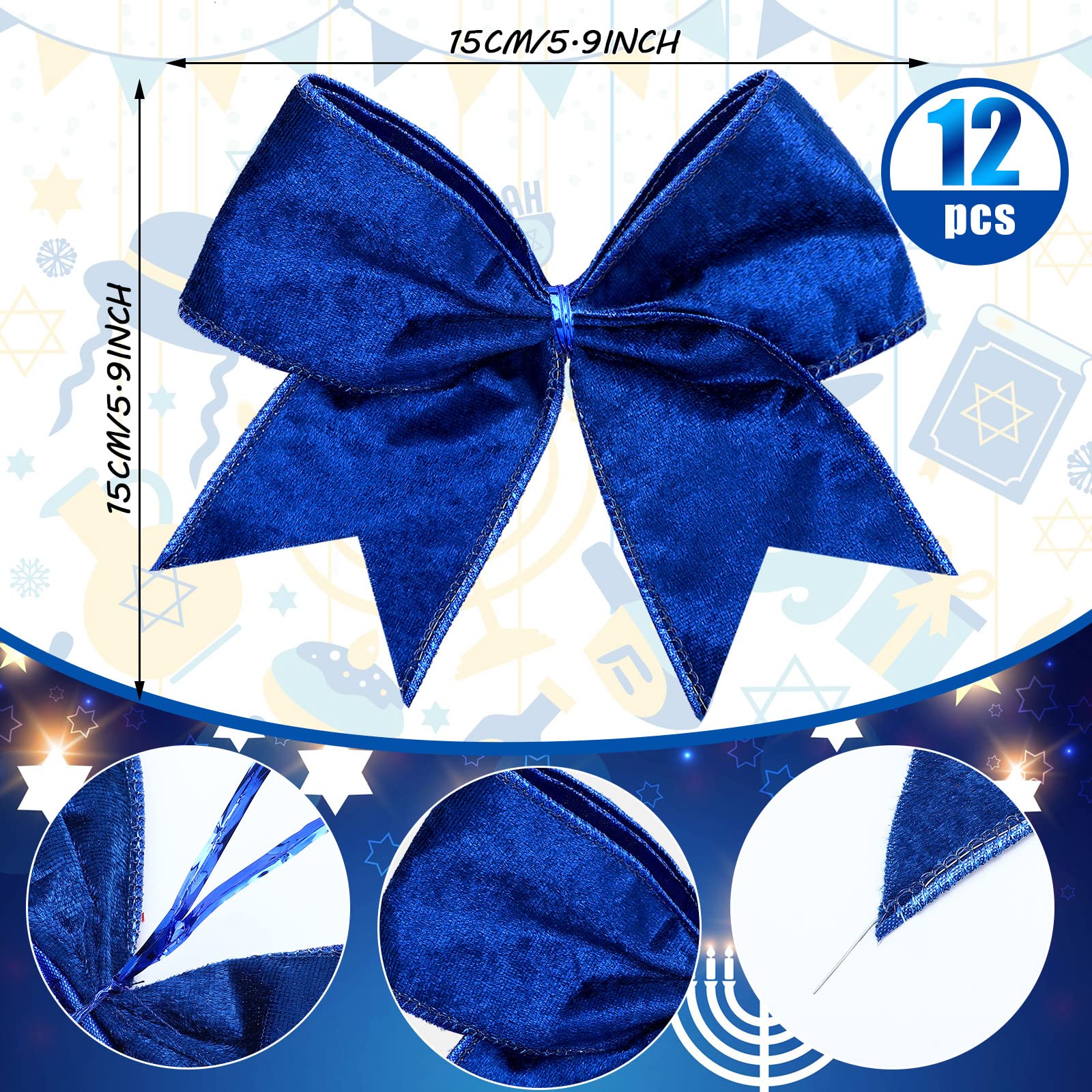 Panelee 12 Pcs Blue Velvet Christmas Bows 6 x 6 in Wreath Bow Christmas Tree Decorations Ornaments for Hanukkah Xmas Tree Topper