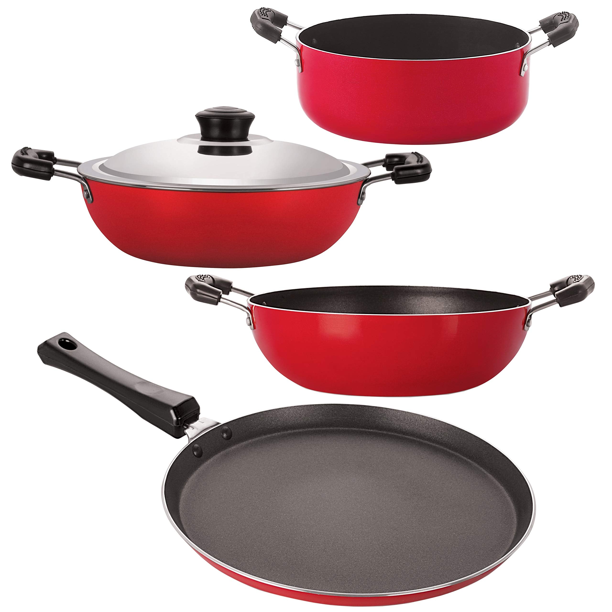Nirlon NonStick Aluminium Dishwasher Safe Flat Base Cookware Combo Set With Lid