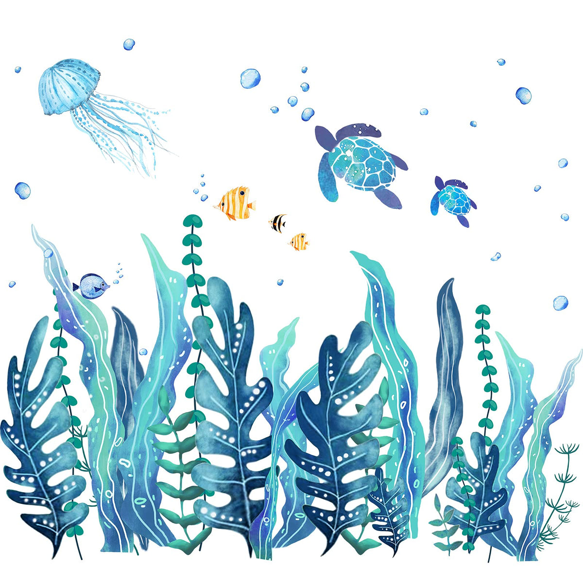 5 Sheets 3D Under The Sea Seaweed Wall Decals Sea Turtles Wall Stickers Ocean Grass Jellyfish Fish Removable Vinyl Wall Sticker