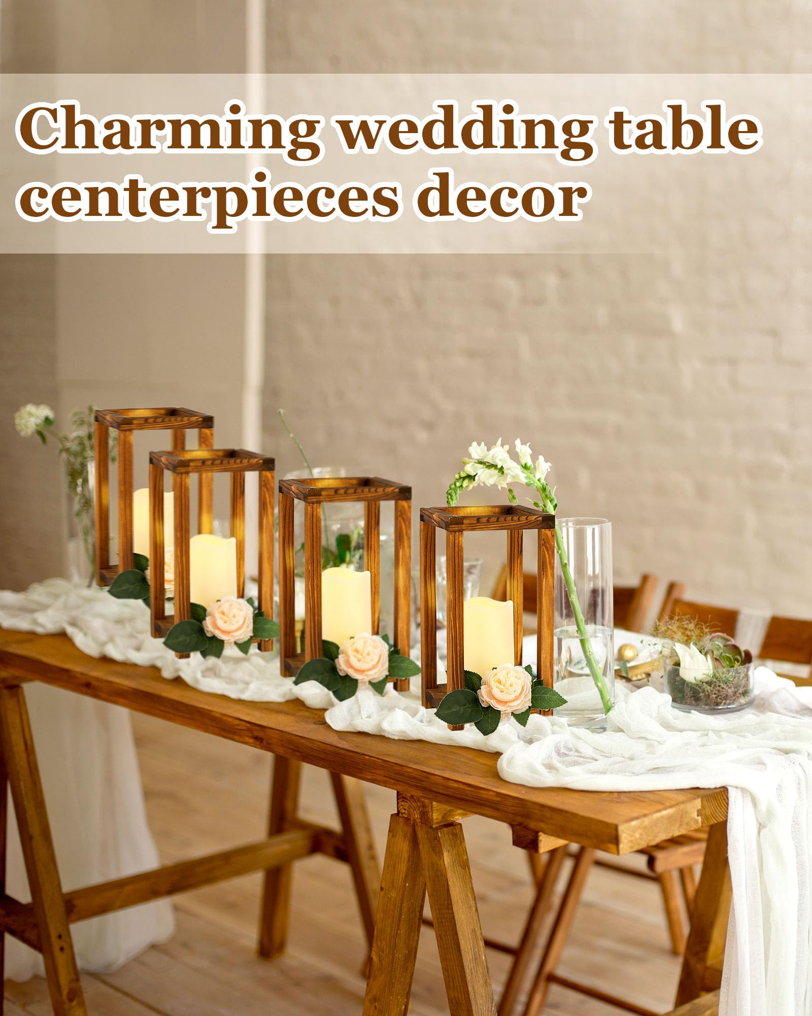 Huquary 16 Pcs Lantern Wedding Centerpieces Includes 8 Rustic Wooden Wedding Lantern Centerpiece for Decorative Candle and 8 Fla