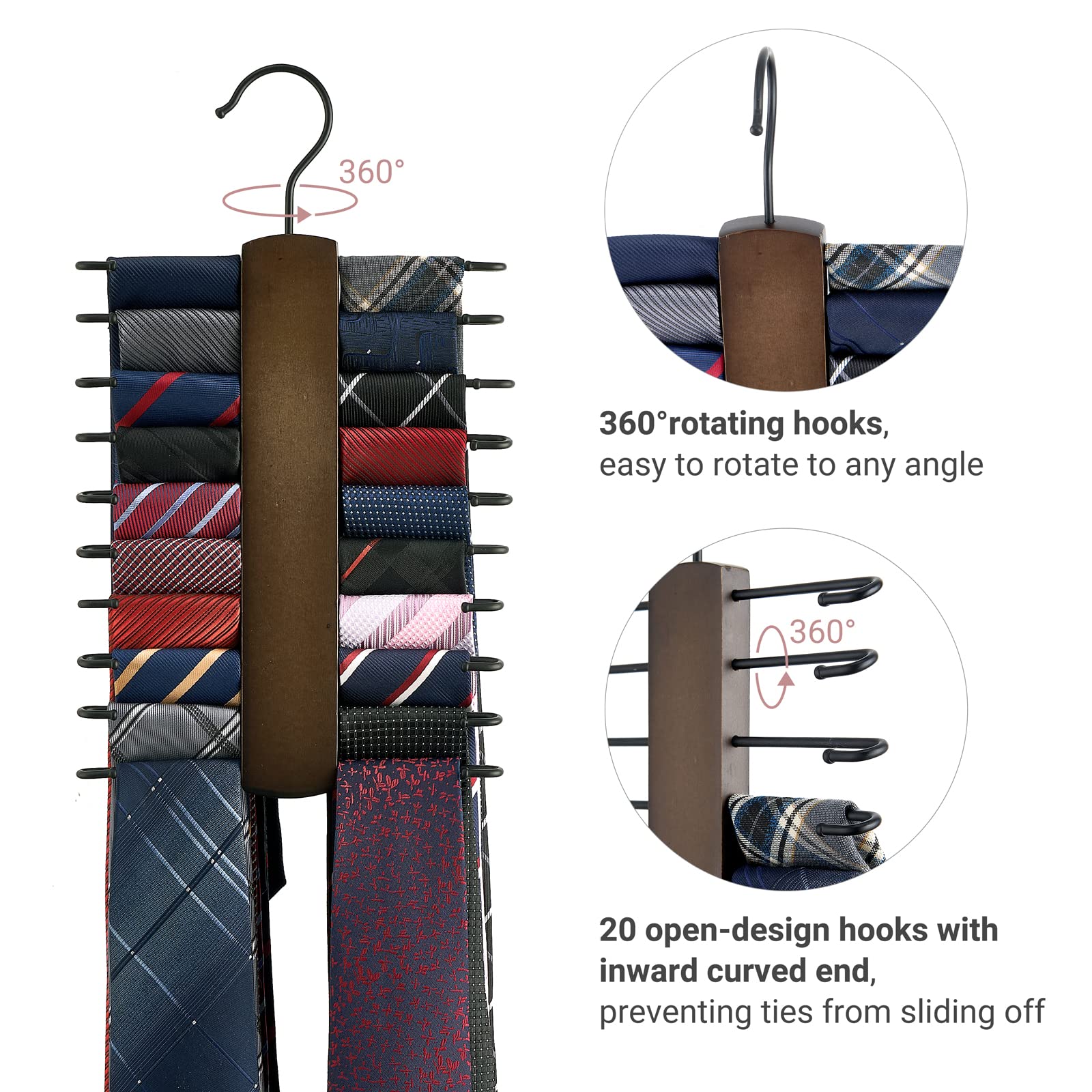 Mkono Wooden Tie Rack Retro Tie Belt Storage Hanger Organizer For Men Closet Space Saving Rack With 20 Non-Slip Hooks For Ties B
