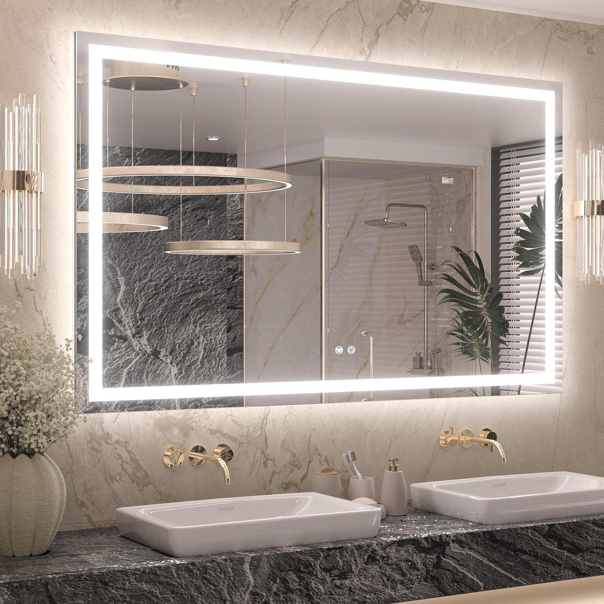 Keonjinn 55     X 36     Lighted Mirror For Bathroom Wall, Led Mirror With Frontlit & Backlit, Bathroom Mirror With Lights, Step