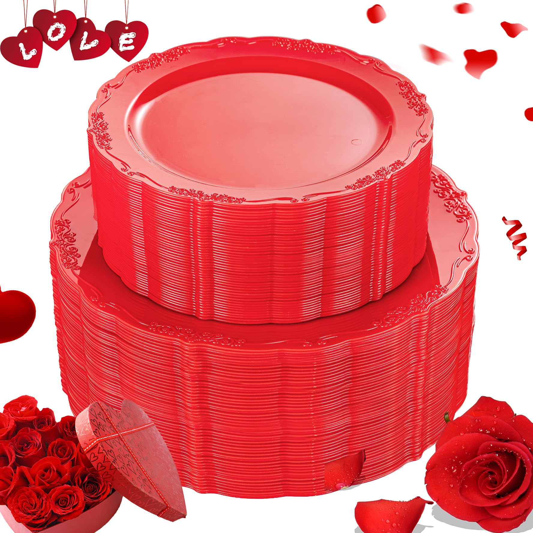 U-Qe 100Pcs Red Plastic Plates - Heavy Duty Valentines Plates Disposable, Red Plates Disposable Include 50Pcs 10.25'' Dinner Pla