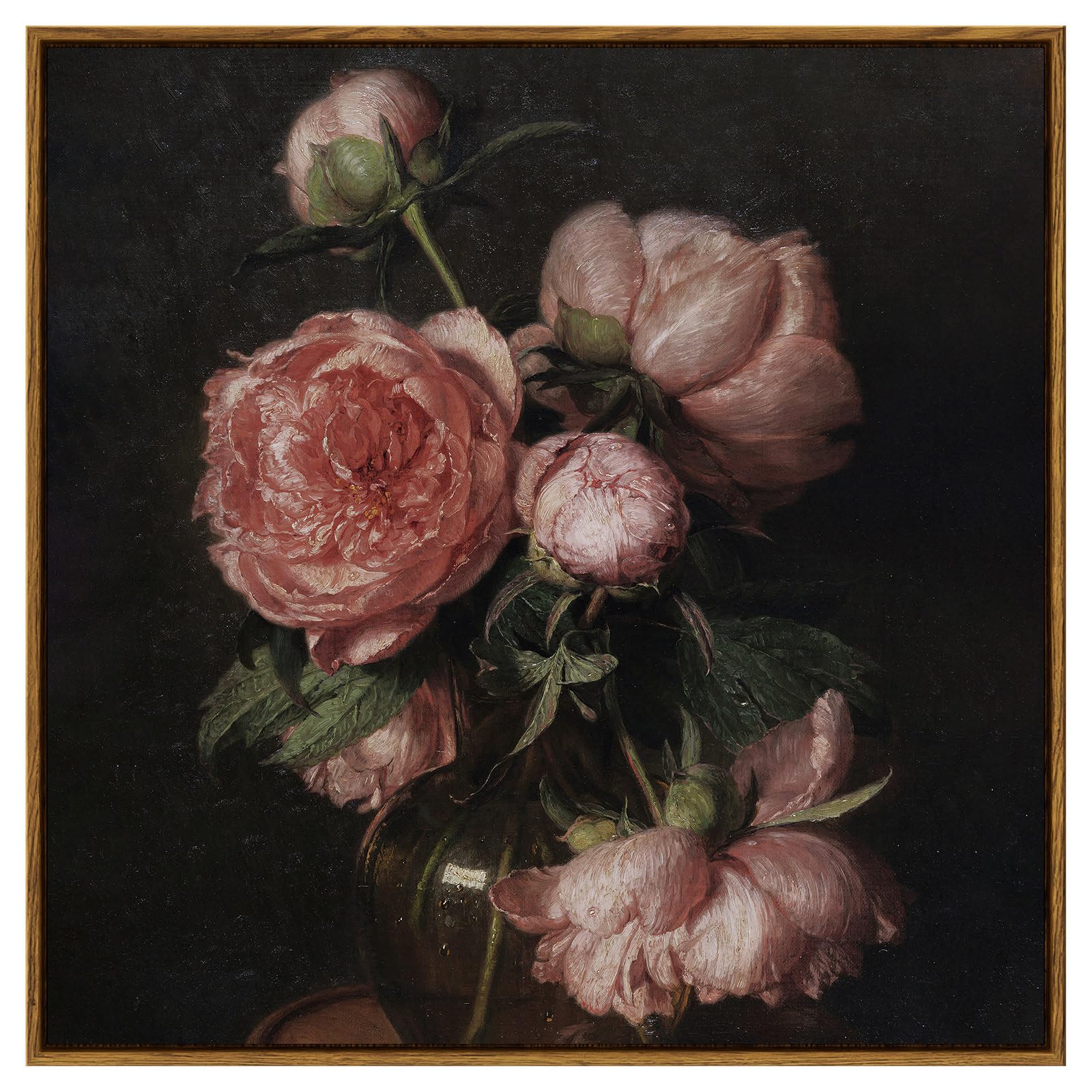 Insimsea Square Framed Canvas Wall Art, Large Decor Vintage Peony Flower Paintings, Floral Wall Pictures For Bedroom Bathroom Li