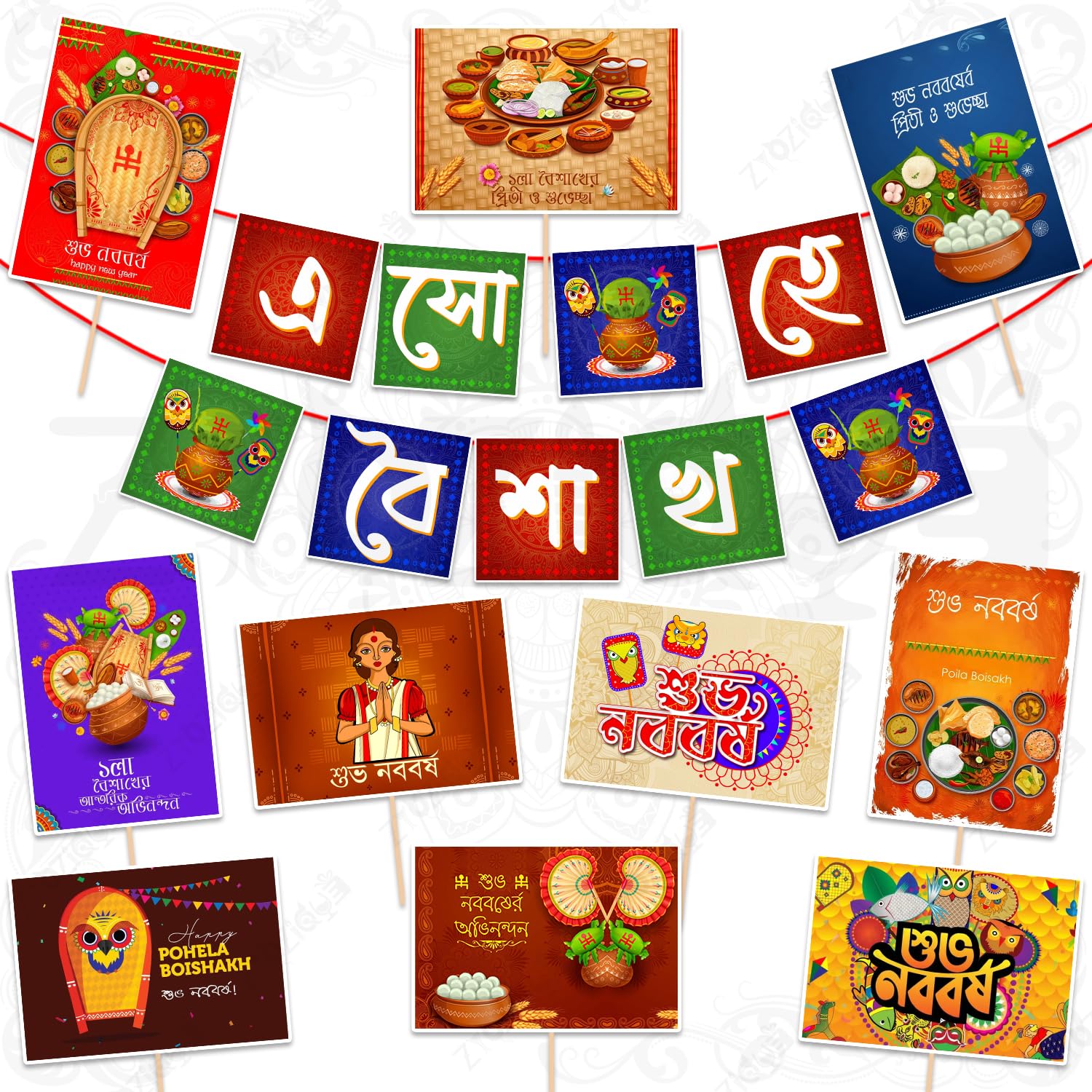 Zyozique Bengali New Year/Pohela Boishakh Celebrations Paper Banner & PhotoBooth Props Decorations Set, Traditional Festival The