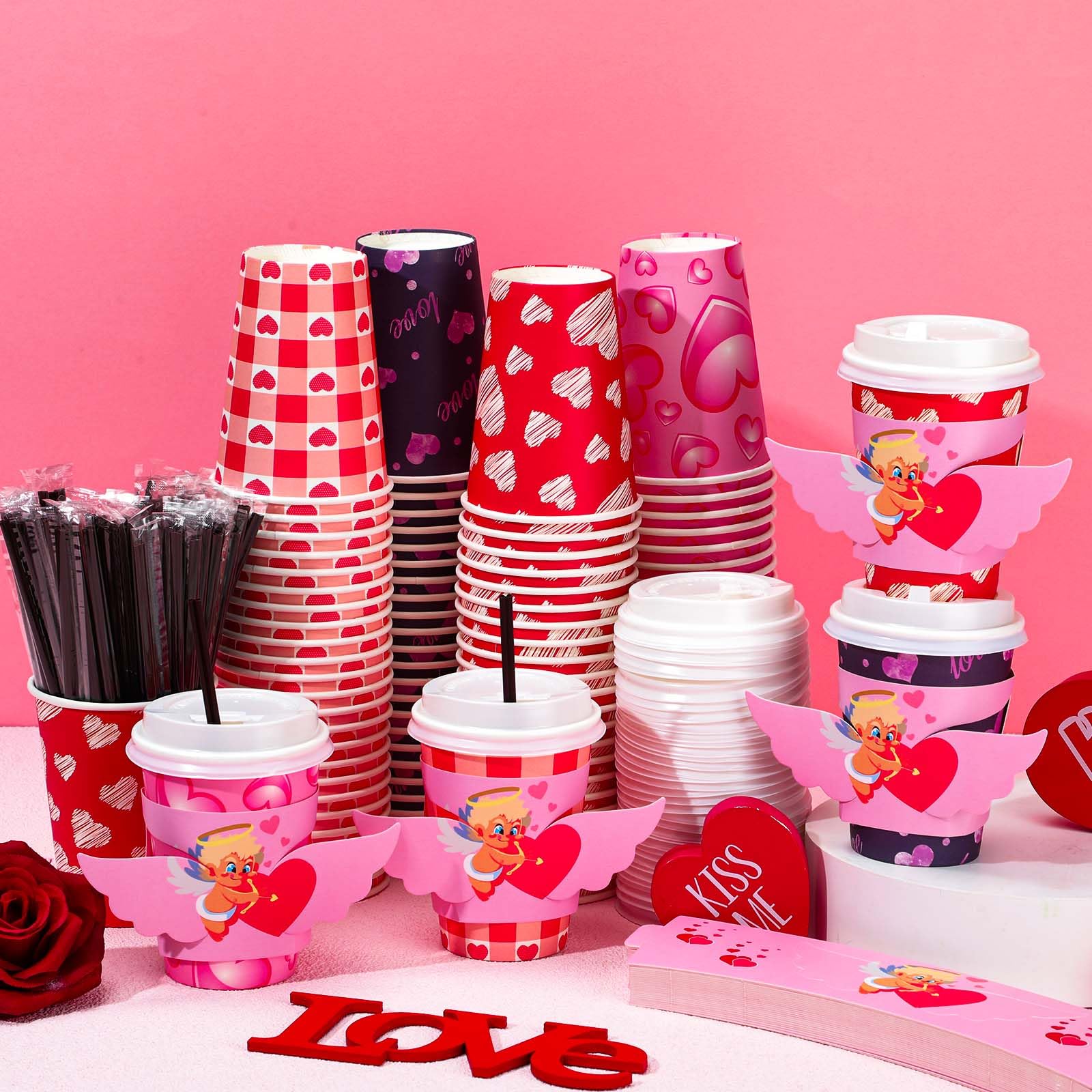 Lallisa 100 Sets Valentine'S Day Coffee Paper Cups Disposable With Lids Straws, Sleeve 12 Oz Holiday Lovely Love For Hot Cocoa T