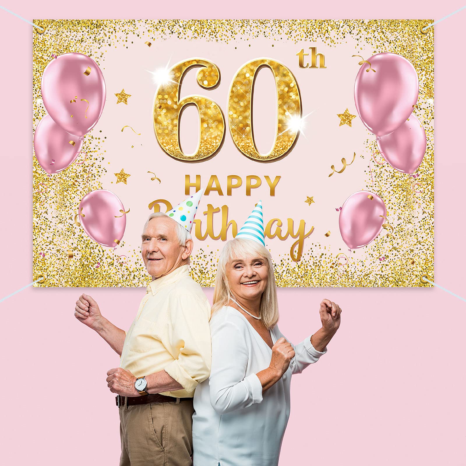Pakboom Happy 60Th Birthday Backdrop Banner - 60 Birthday Party Decorations Supplies For Women - Gold Pink 3.9 X 5.9Ft