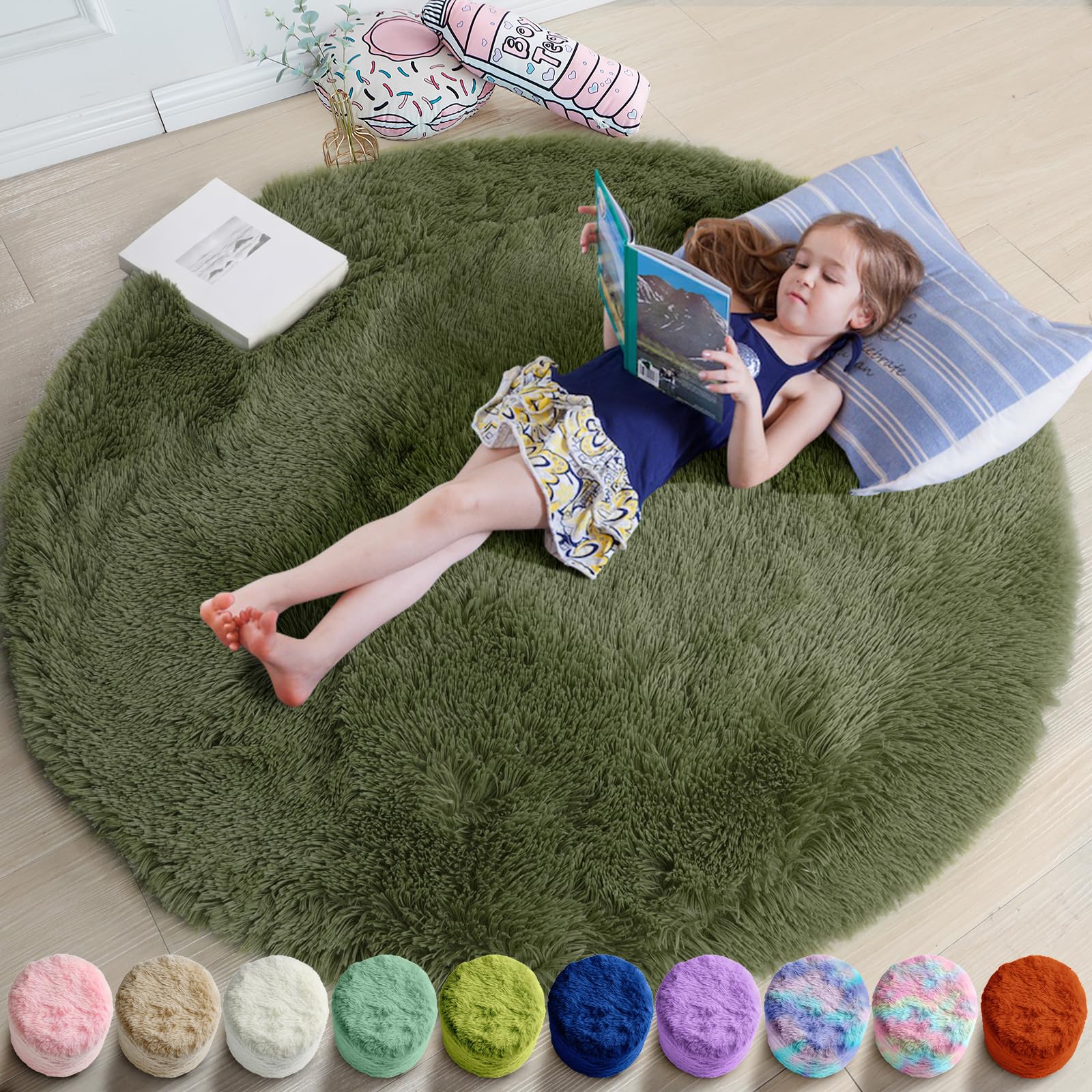 Amdrebio Olive Green Round Rug 4Ft for Bedroom Living Room, Fluffy Shaggy Modern Circle Area Rugs for Kids Room, Soft Plush Fuzz