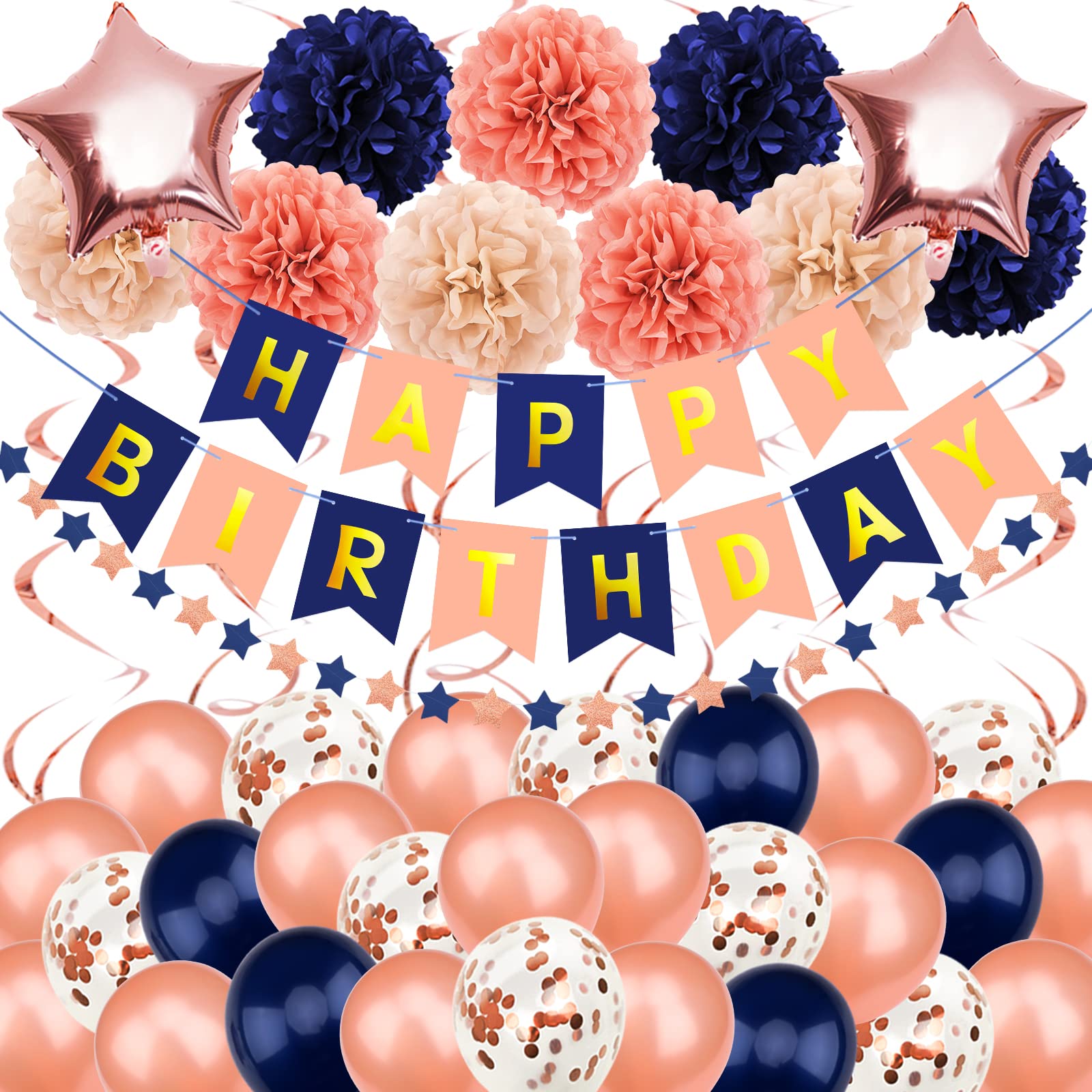 Recosis Birthday Decorations For Women, Rose Gold And Navy Blue Party Decorations Happy Birthday Decorations With Banner For Wom