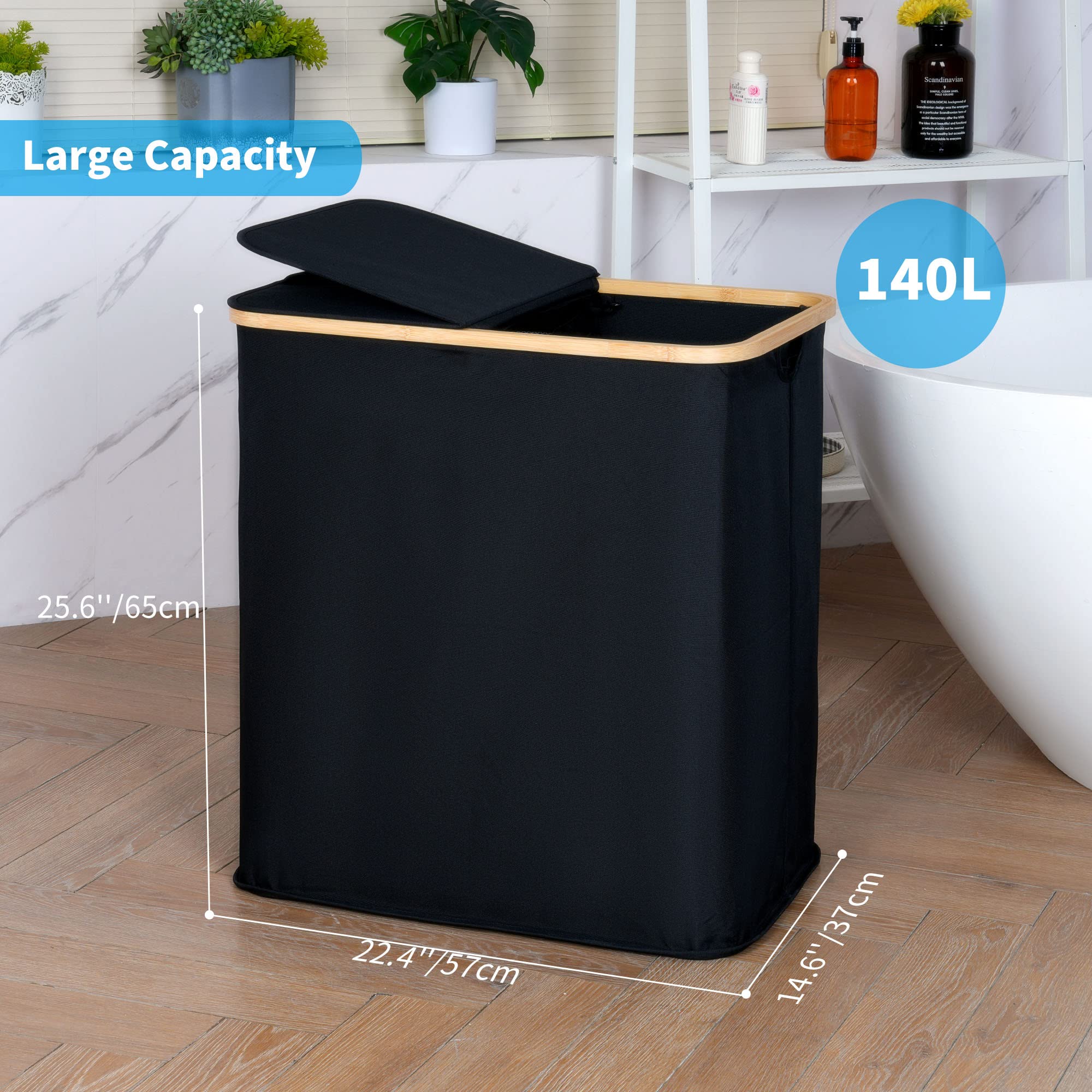 efluky Laundry Hamper with Lid  Double Laundry Hamper with 2 Removable Bags  2 Section Laundry Hamper with Bamboo Handles for Bedroom  Bathroom & Laundry Room  140L (36.9 Gallon) Black