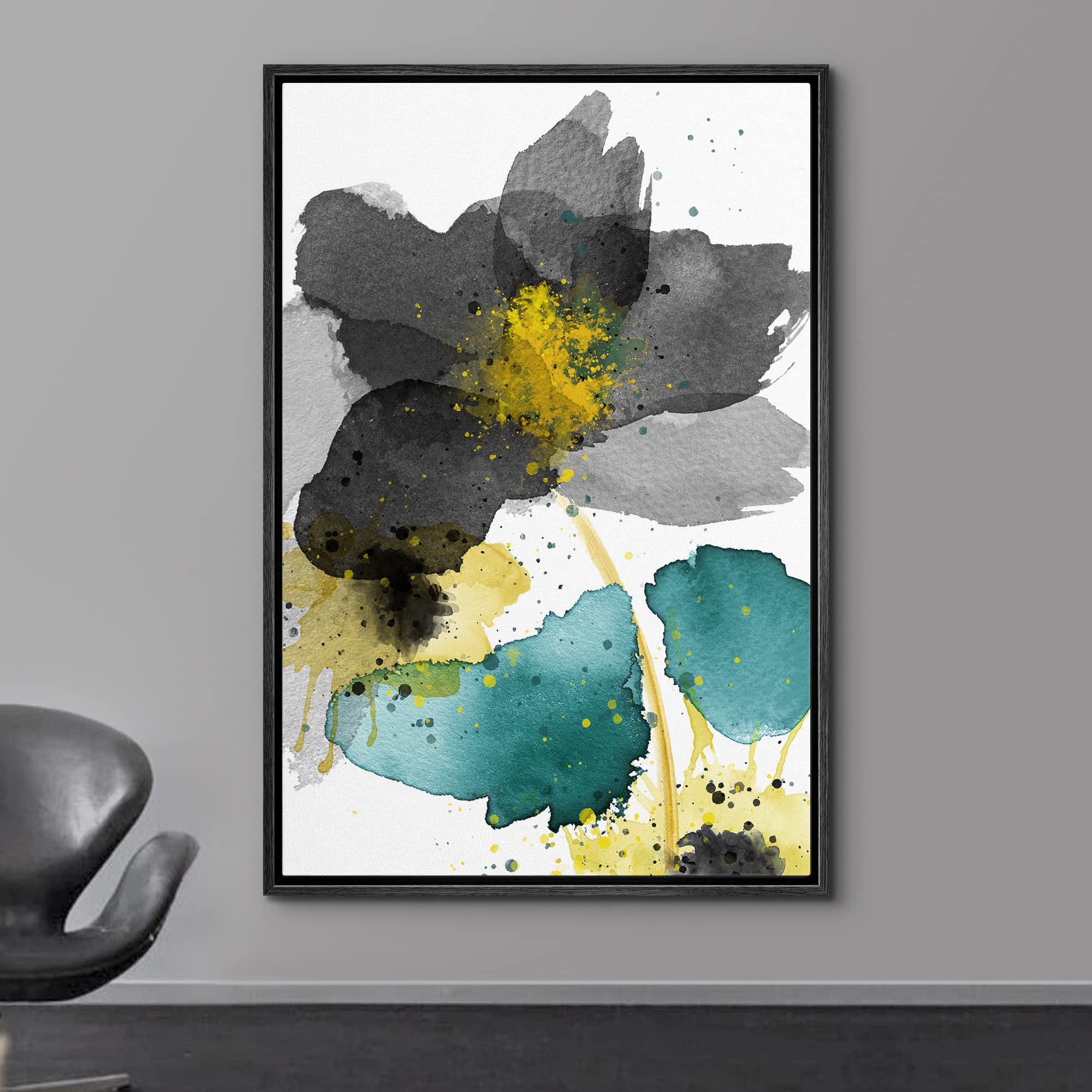 Wall26 Framed Canvas Print Wall Art Watercolor Explosion Black & Green Daisies Floral Botanical Illustrations Minimalism Glam Mu