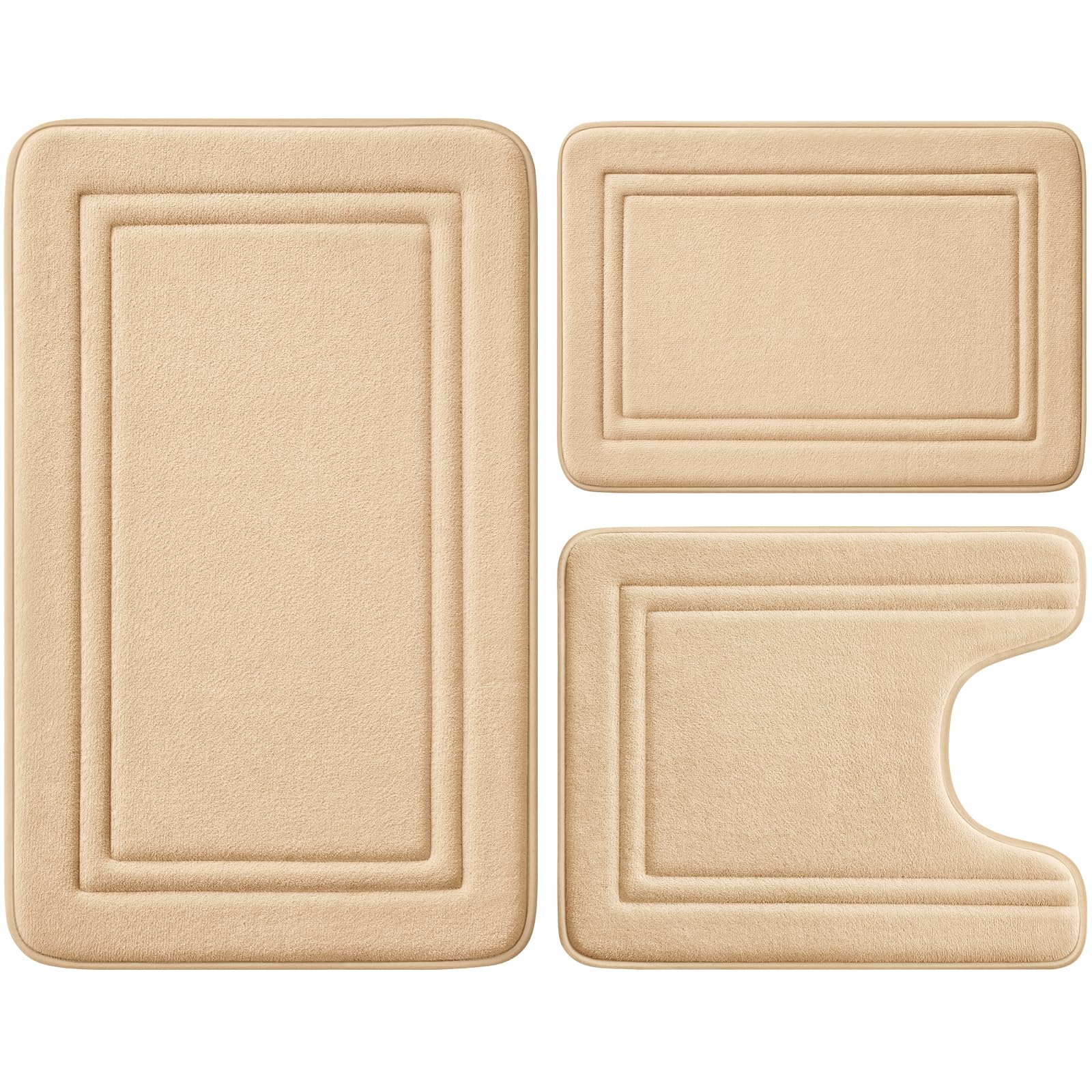 Bysure Beige Memory Foam Bath Mat, Non Slip Extra Soft Absorbent Machine Washable, Bathroom Rugs Sets 3 Piece For Toilet Shower