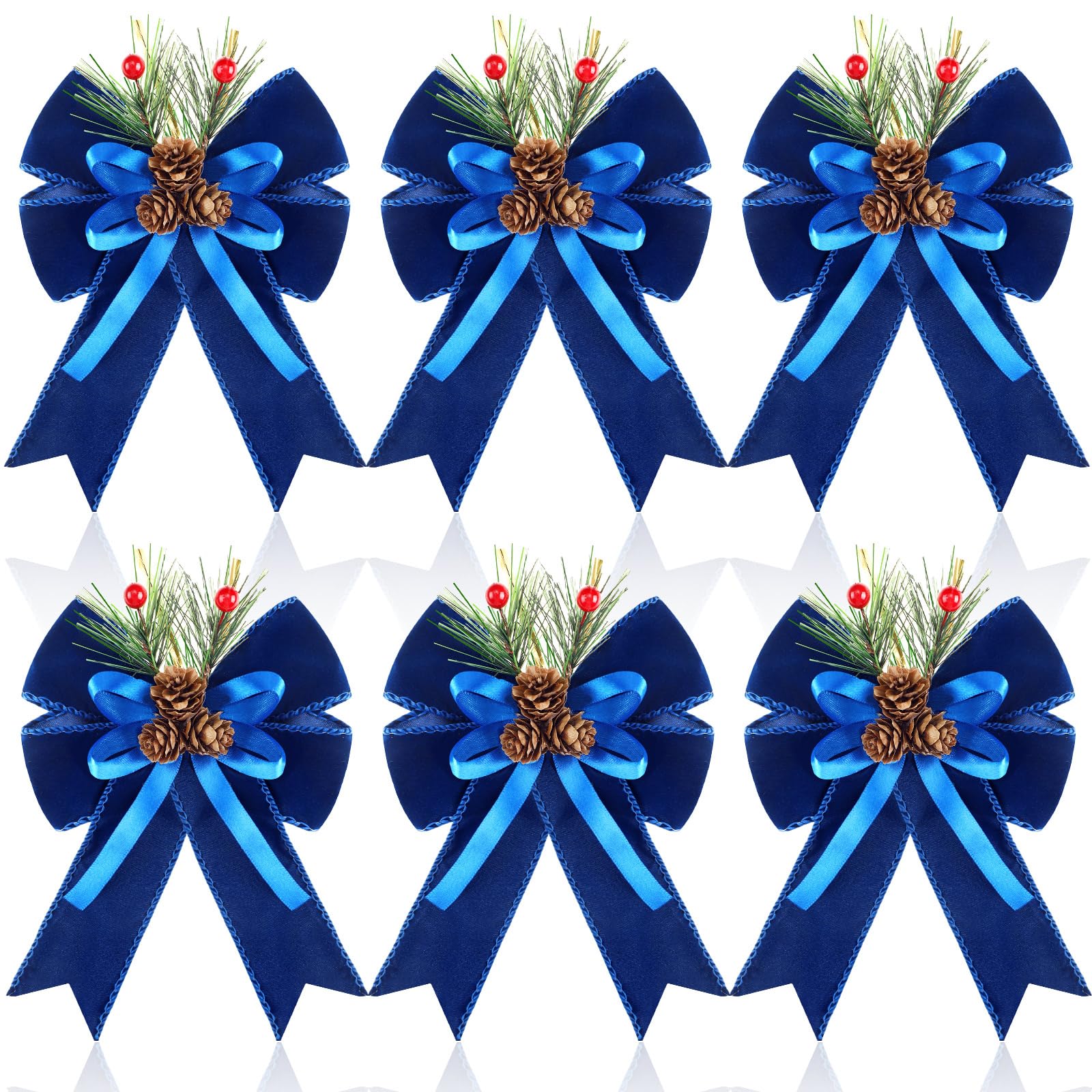 Syhood 6 Pcs Christmas Bows with Pine Cones Pine Needles Xmas Blue Velvet Bows Blue Velvet Ribbon Christmas Tree Wreath Decorati
