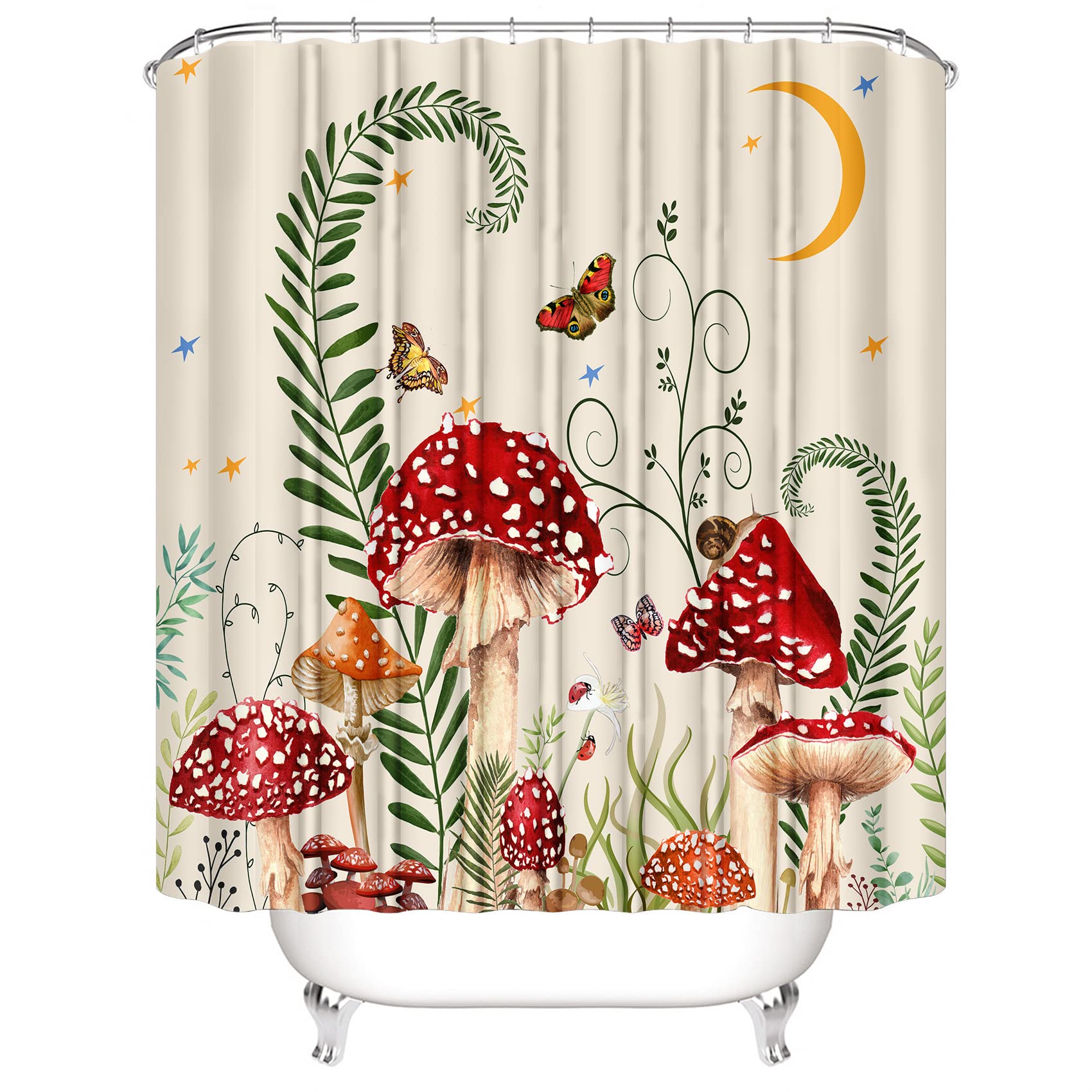 4PCS Mushroom Butterfly Flower Shower Curtain Set with Non-Slip Rugs  Toilet Lid Cover and Bath Mat  Moon Stars Shower Curtain with 12 Hooks  Durable Waterproof Retro Bathroom Decor Set