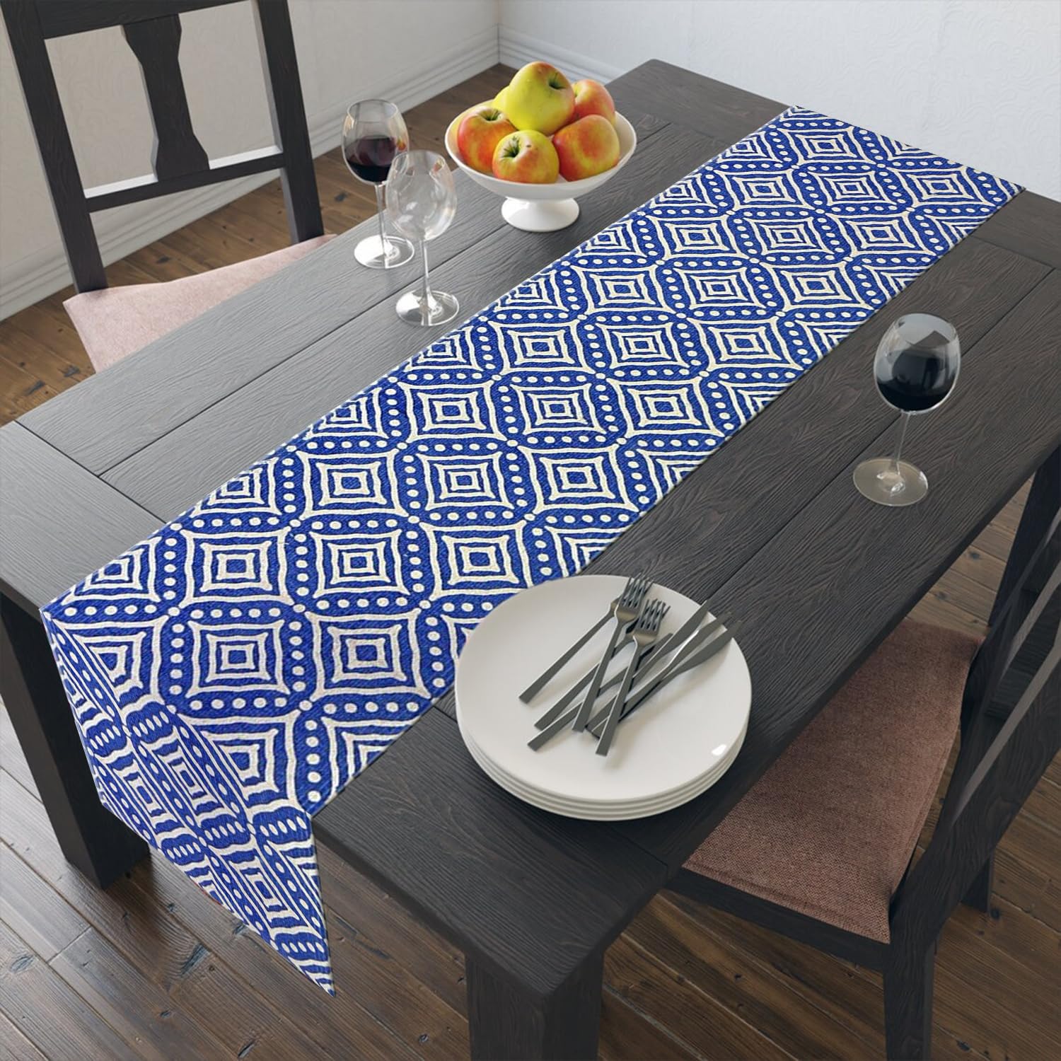 The First Home Decor Super Cotton Antique Table Runner Collection, Abstract, 14 x 72  (Blue Printed)