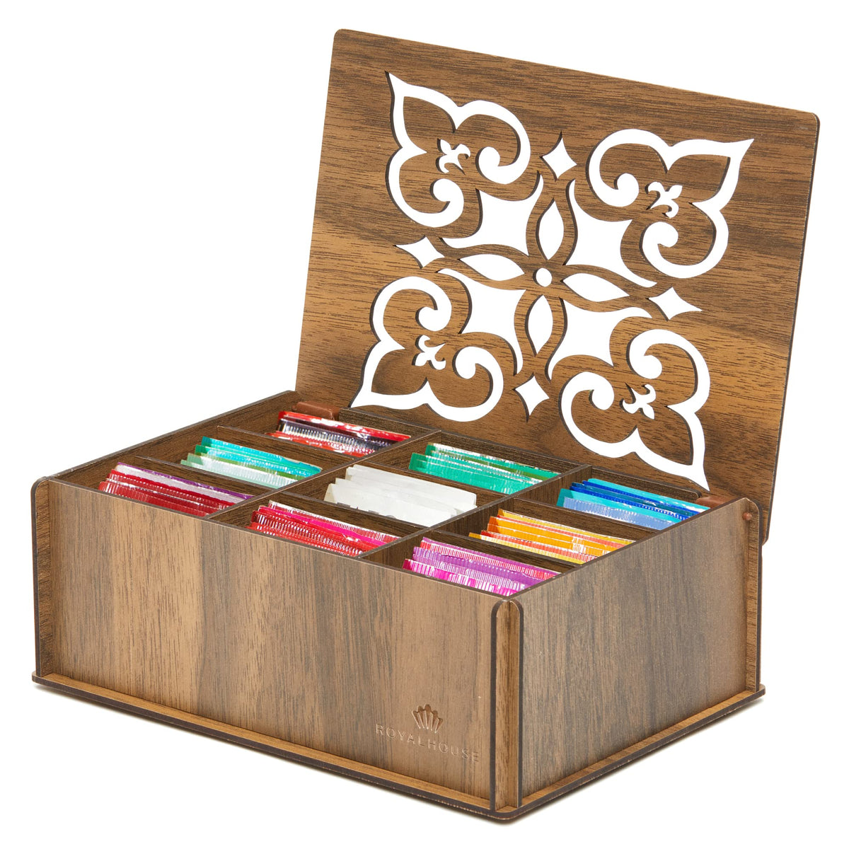 Royalhouse Premium Wood (Hard Mdf) Tea Storage Box Organizer (Walnut), Eco-Friendly Multi-Functional Decorative Box, 9 Compartme