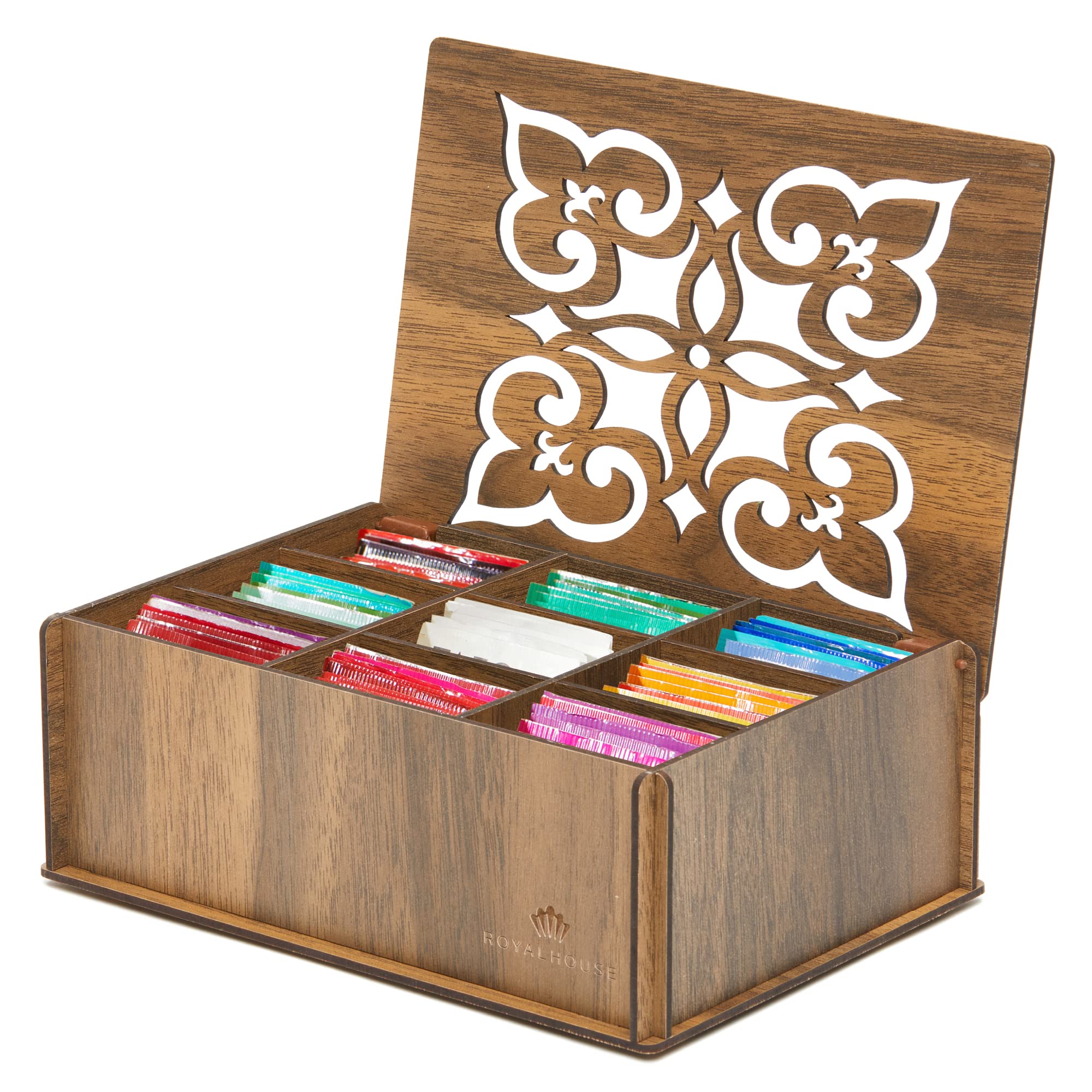 RoyalHouse Premium Wood Tea Storage Box Organizer, 9 Compartments Walnut