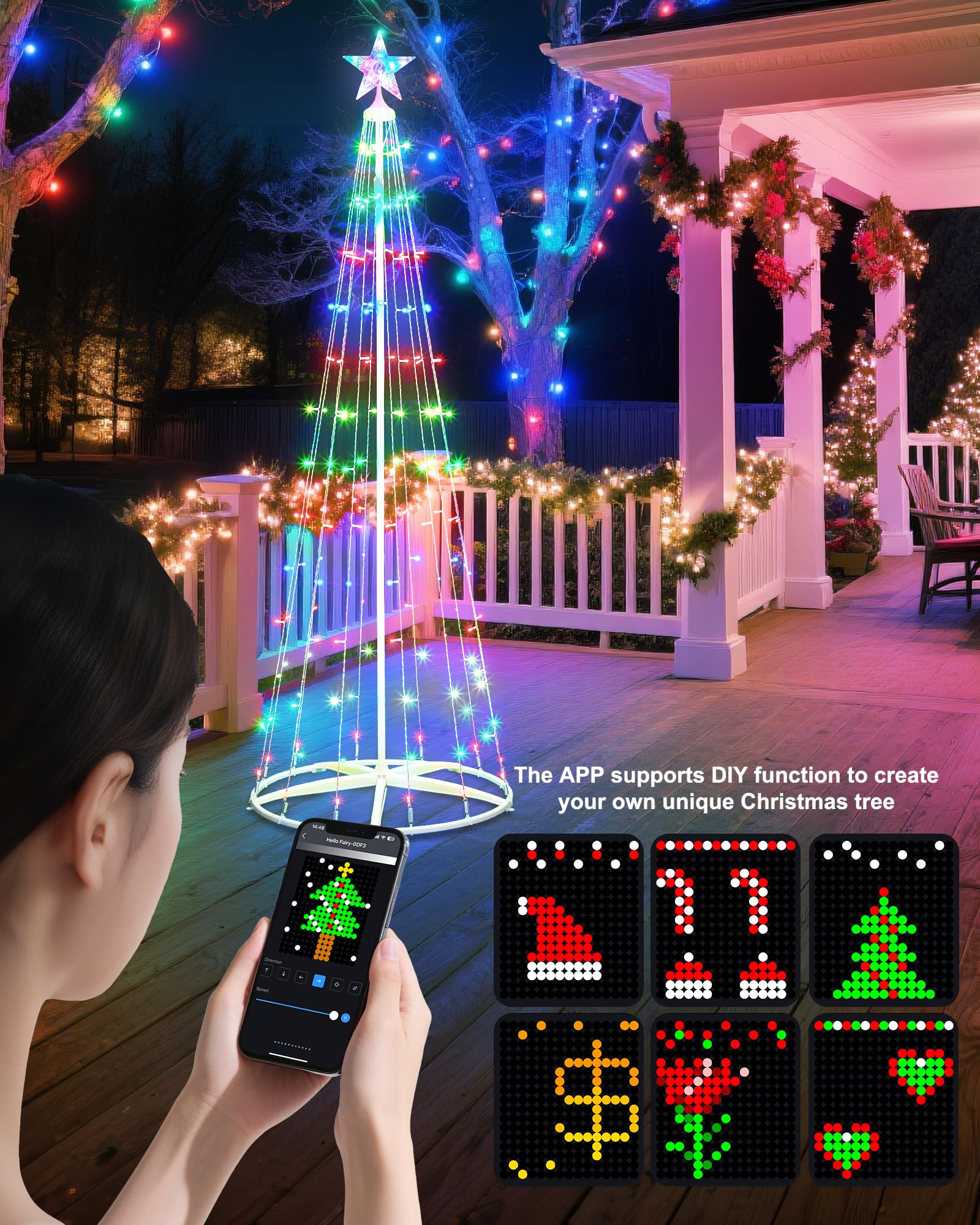 7.5Ft Smart LED Christmas Cone Tree Light, 178 LEDs Lighted Artificial Tree with Star Topper, Music Sync with Remote APP Control
