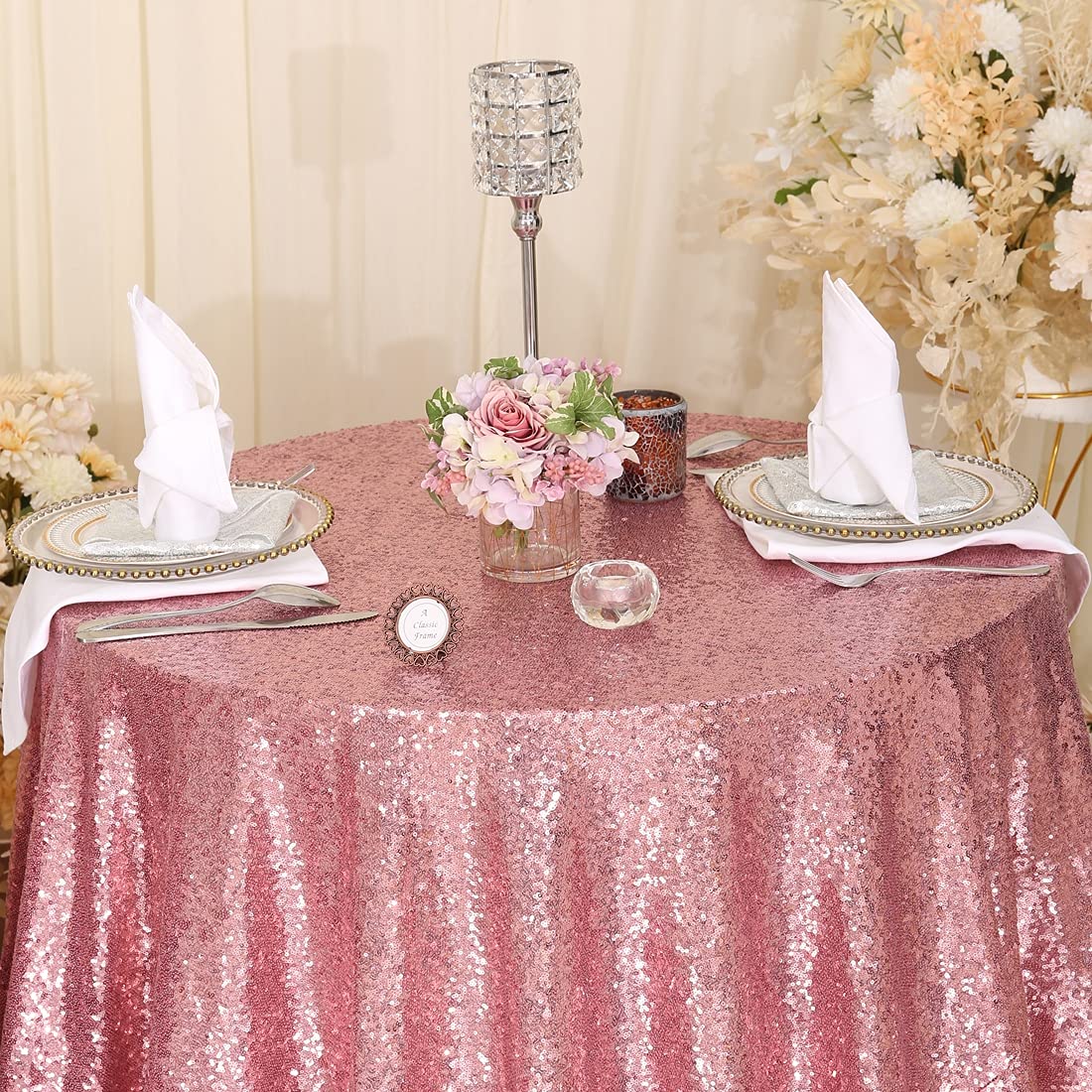 Eternal Beauty Fuchsia Pink 120'' Round Sequin Tablecloth- Sparkly Sequin Overlay For Wedding Party/Dessert Table/Christmas Deco