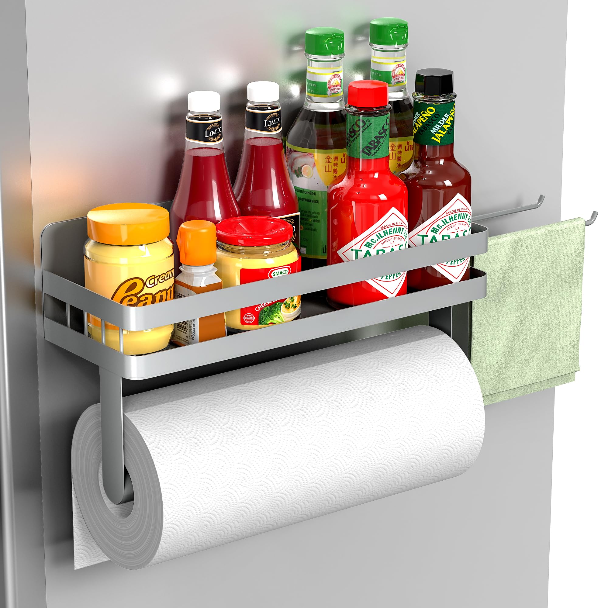ZUNTO Magnetic Paper Towel Holder for Fridge, Strong Magnet Paper Towel Roll Holder with Spice Shelf and 2 Hooks, No Drilling Ki