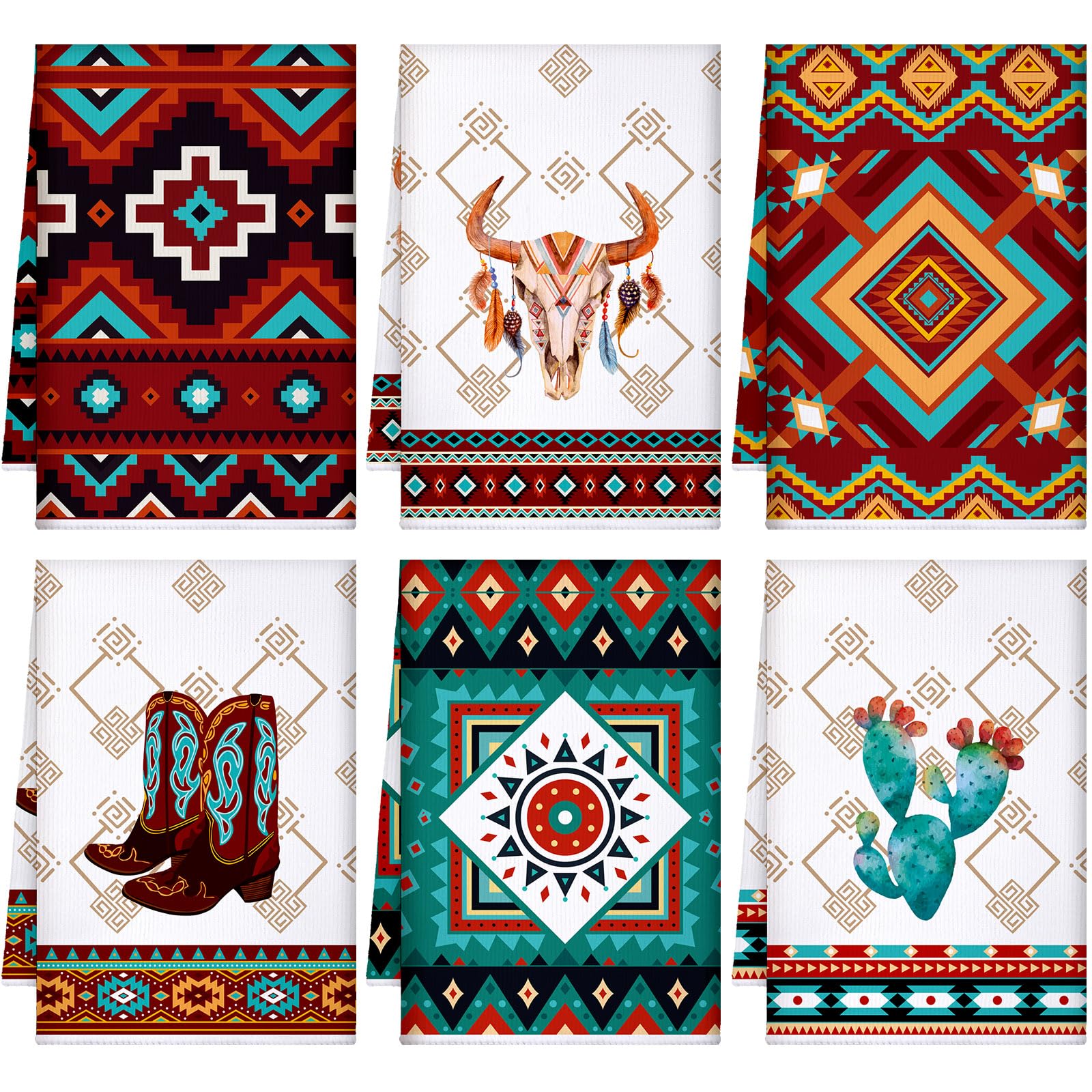 Set Of 6 Southwestern Kitchen Towels Boho Aztec Theme Dishtowel Native American Hand Tea Towels 24 X 16 Inches For Absorbent Kit