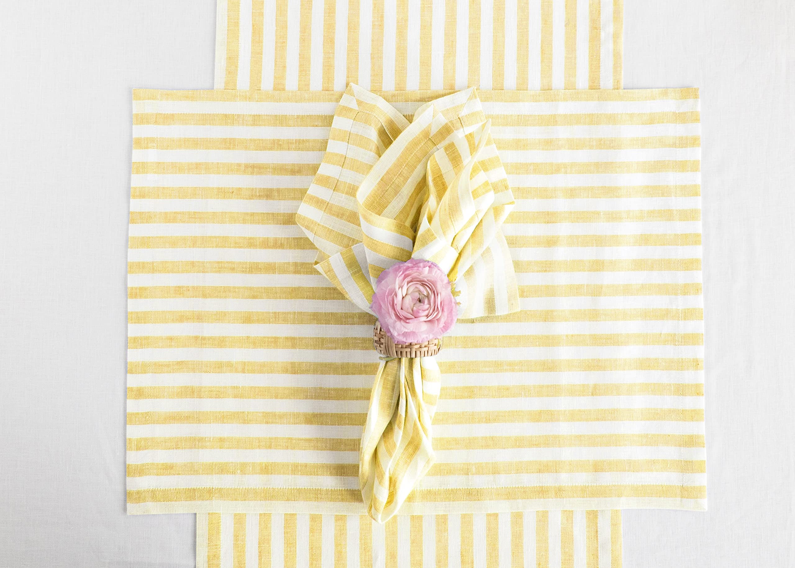 Solino Home Stripe Linen Table Runner 48 Inch - 100% Pure Linen Primrose Yellow And White Table Runner 14 X 48 Inch - Farmhouse