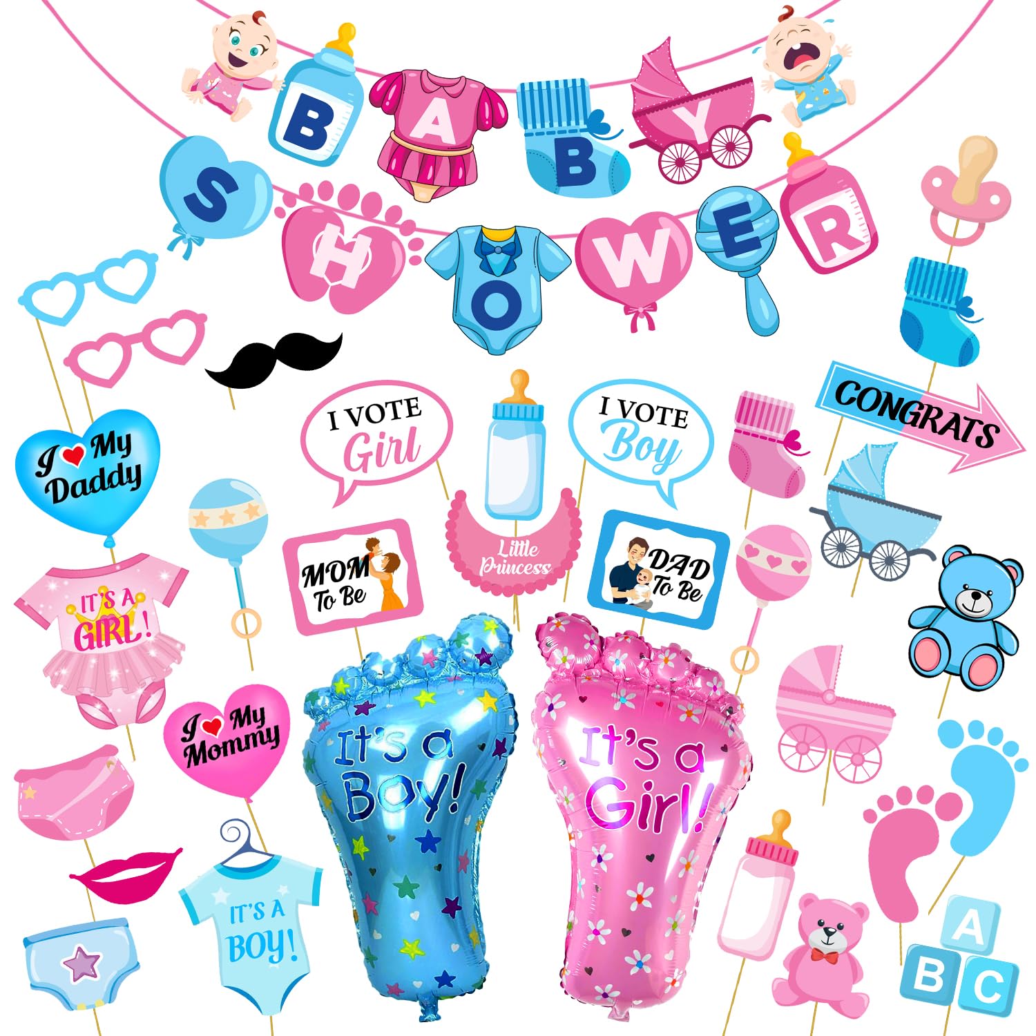Zyozique Baby Shower Party Supplies Included Baby Shower Letter Paper Banner , Photo Booth Props And Foil Balloons for Baby Show