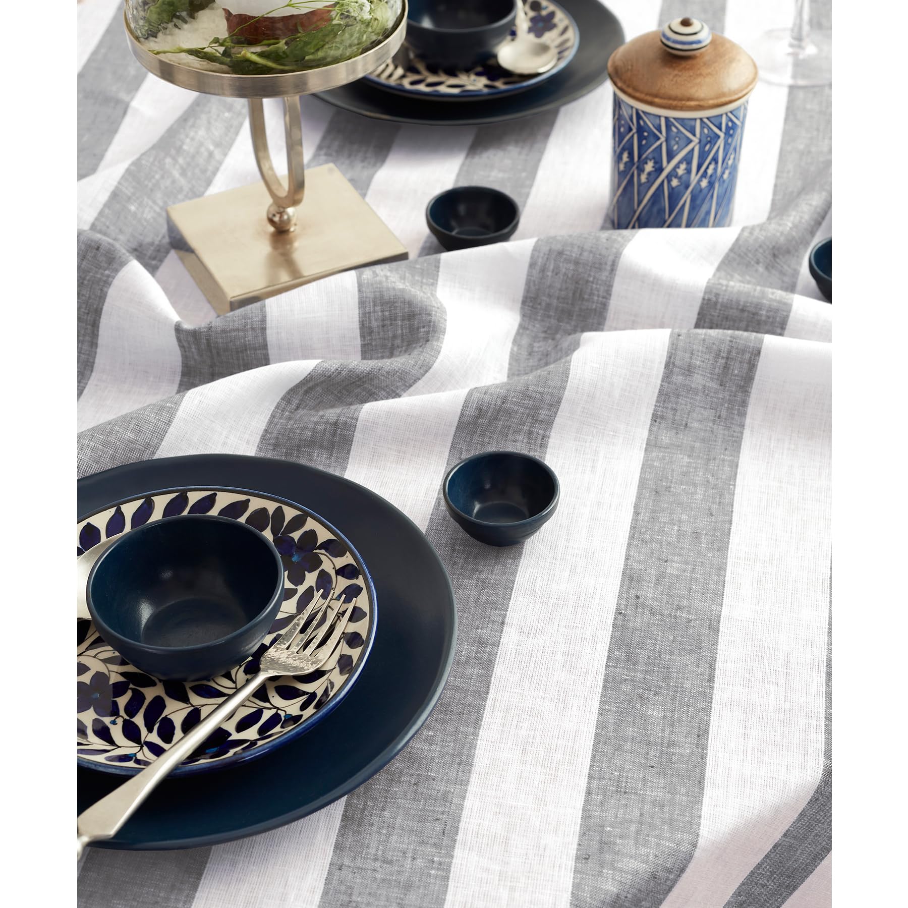 Solino Home Cabana Stripe Linen Tablecloth 52 X 52 Inch - 100% Pure Linen Grey And White Table Throw For Spring, Easter - Handcr