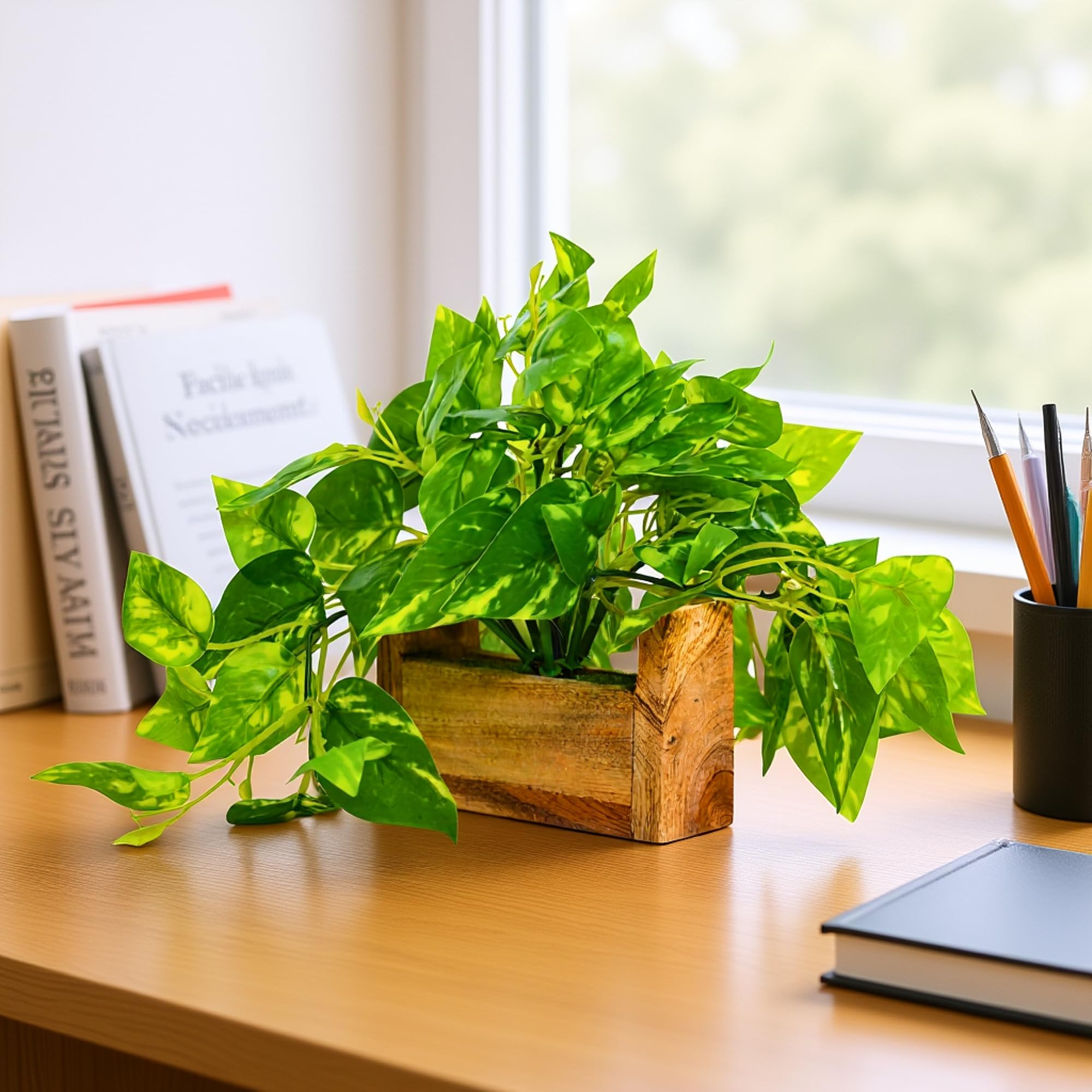 fancymart Artificial Money Plant with Woodlog Pot Home & Office D  cor